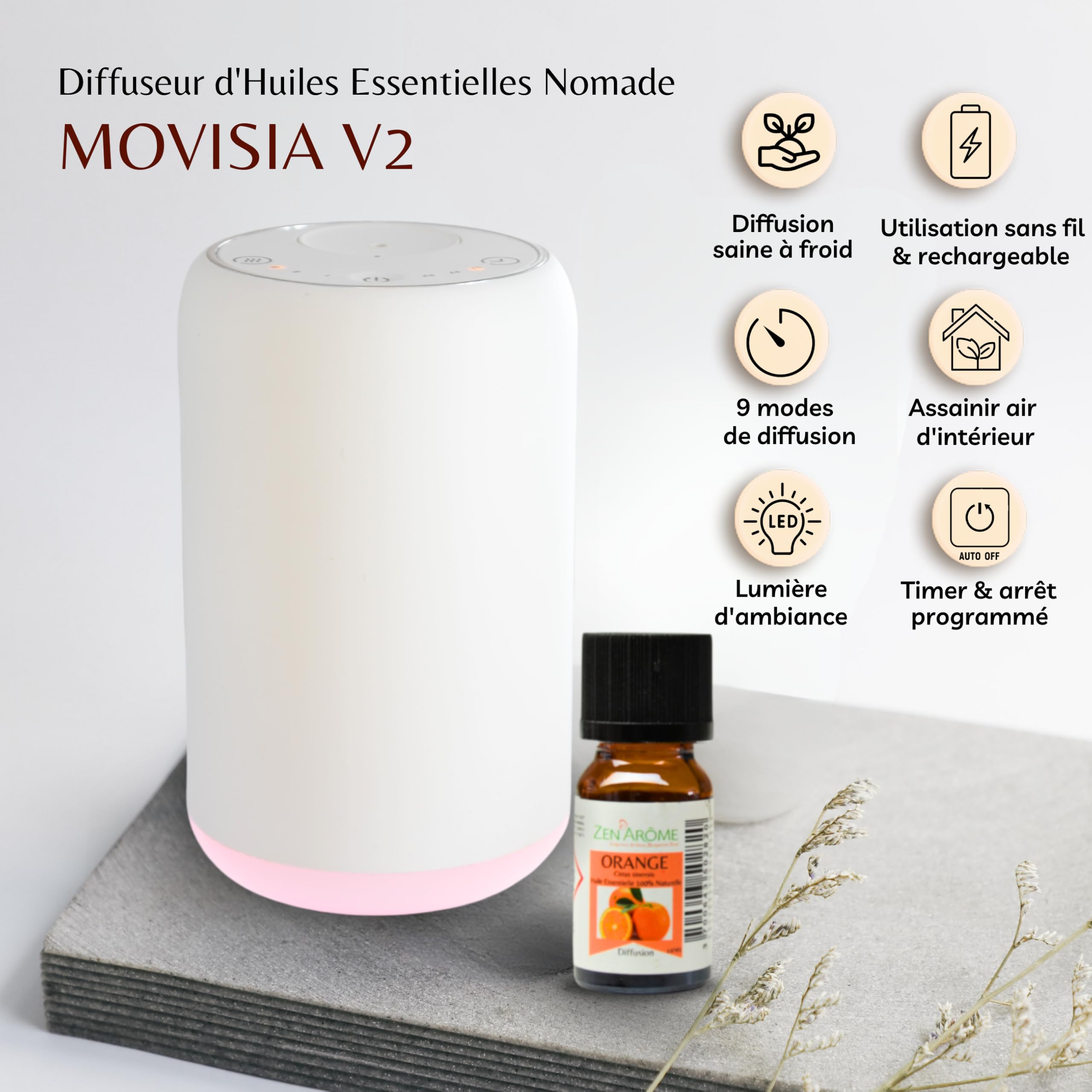 Zen’Arôme Diffuseur d’Huile Essentielle par Nébulisation Nomade Movisia V2, Surface de Diffusion jusqu'à 80 m², Boutons tactiles, Batterie Rechargeable, sans Fil, Lumière LED Intégrée