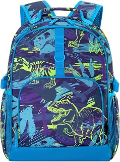 Choco Mocha Dinosaur Backpack for Kids Boys, Elementary School Backpack for Boys Ages 6-8 Kids Bookbag 17 Inch with Chest Strap, Blue