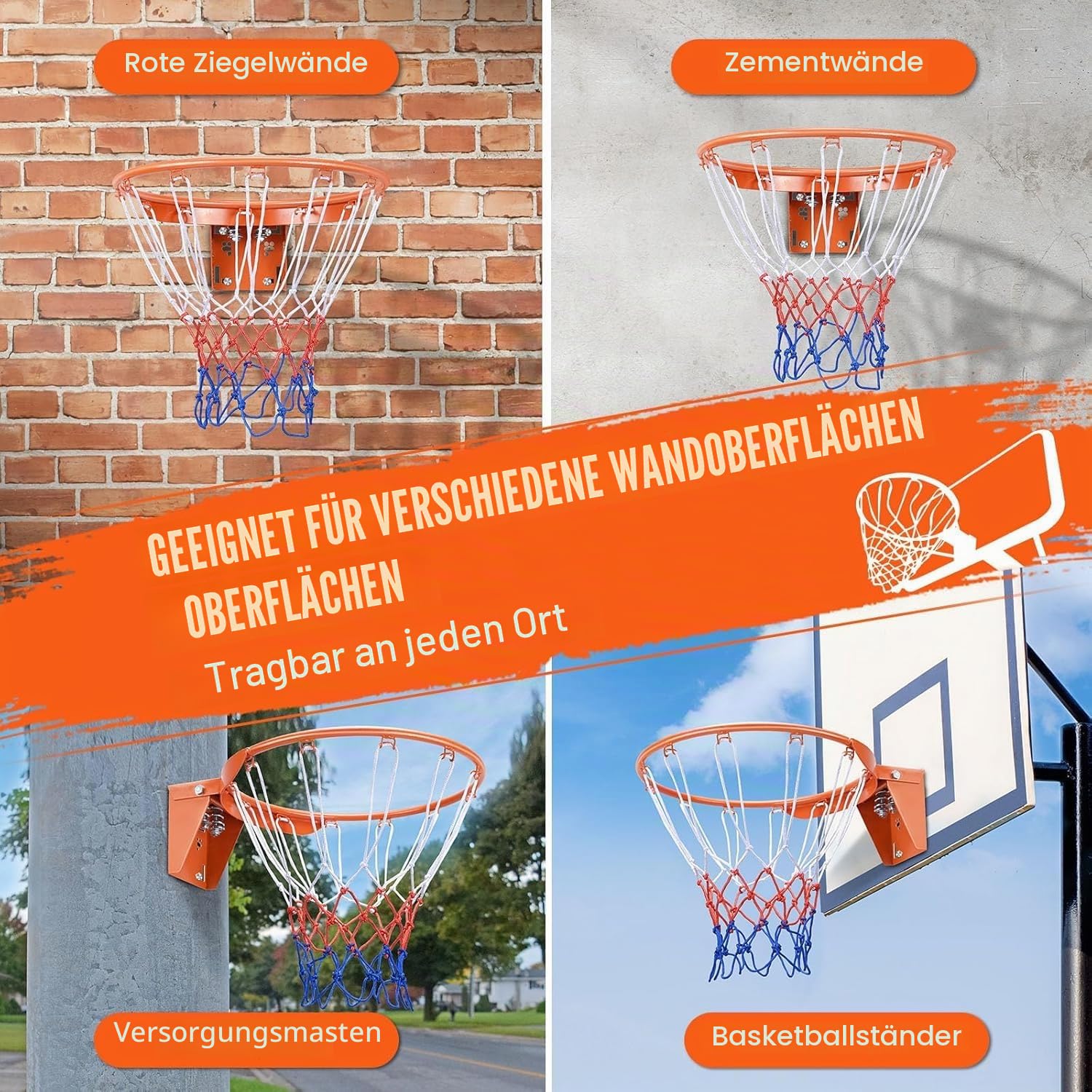 Robuster Basketballkorb für Erwachsene, Standardgröße 45,7 cm, wandmontierter Doppelfeder-Rand, Installationsset