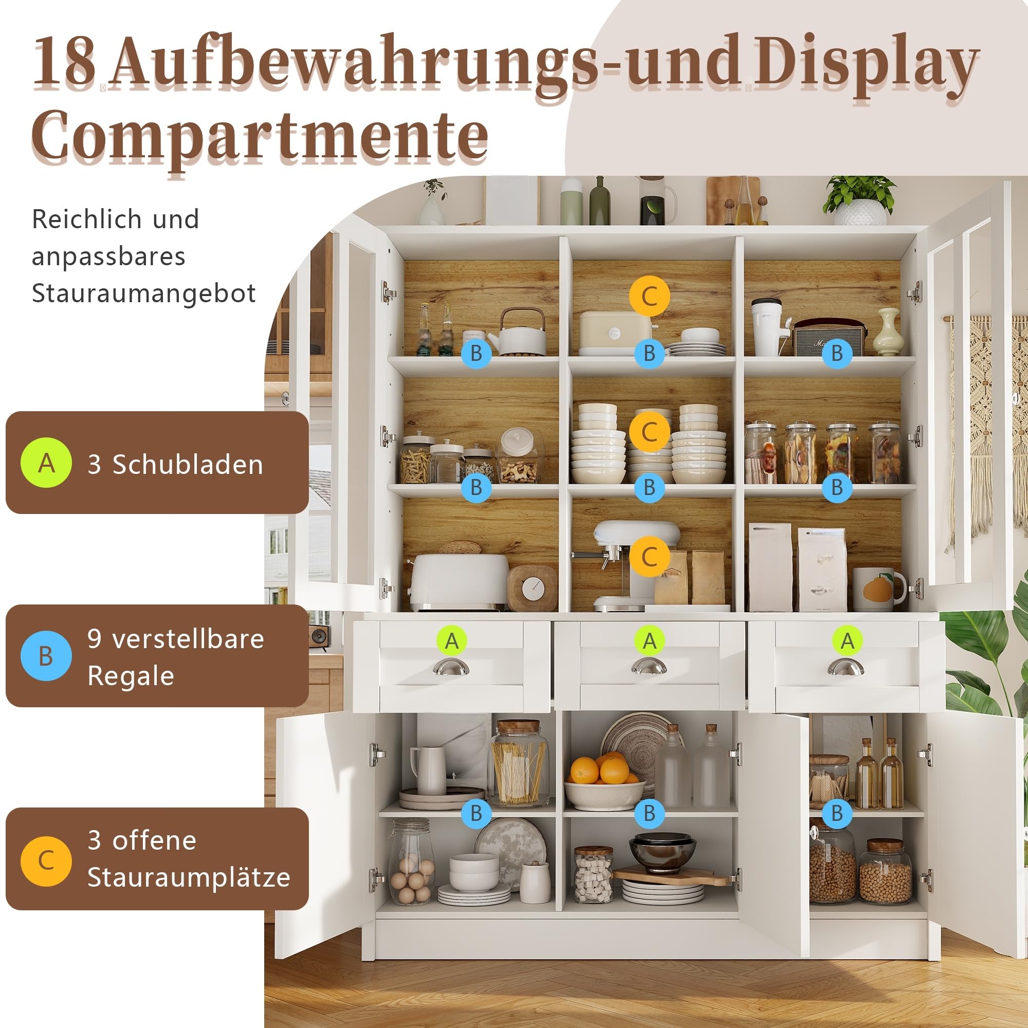 Küchenschrank mit Schubladen und Türen, Buffetschrank Hochschrank mit 9 Ablagefächer und Metallscharnier, Küchenbuffet Küchenschränke Küchenmöbel, Esszimmermöbel, Weiß, 140×38.5×175 cm