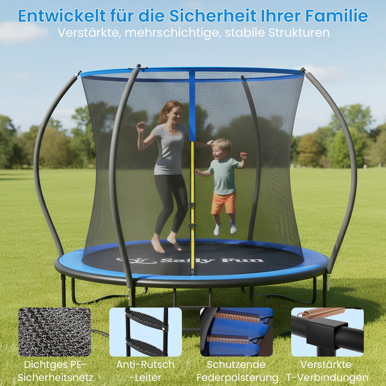 Safly Fun Trampolin Outdoor Ø 244/305/366 cm with Montagezubehör, Trampolin Kinder, Bodentrampolin, Die Maximale Tragfähigkeit Beträgt 50-150 kg, Für Erwachsene, Kinder und Familien