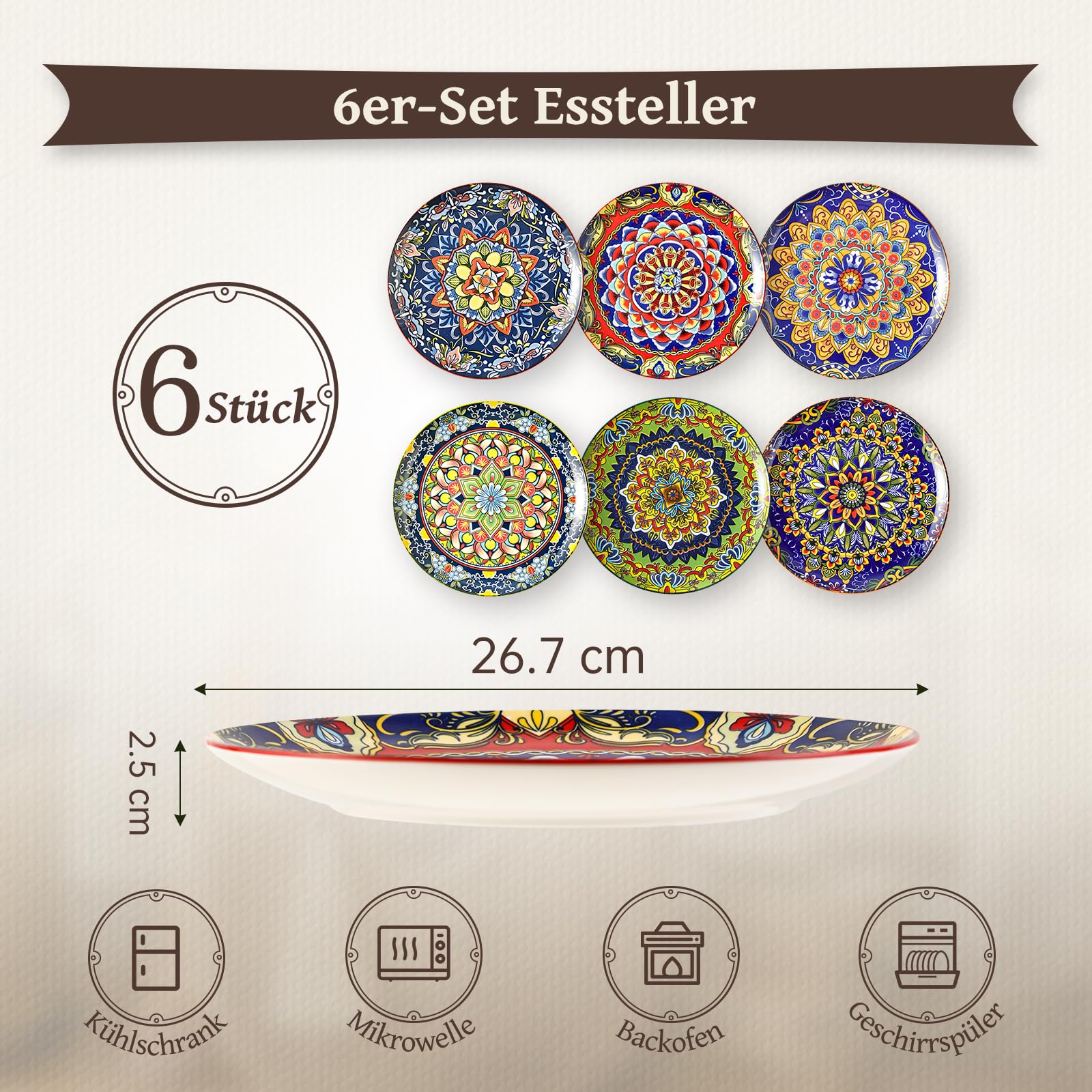 AHX Keramik Teller Set für 6 Personen - Bunte Speiseteller für Salat, Steak & Hauptspeise - Großes Boho Essteller Set - Spülmaschinenfest und Mikrowellengeeignet - 26,7 cm