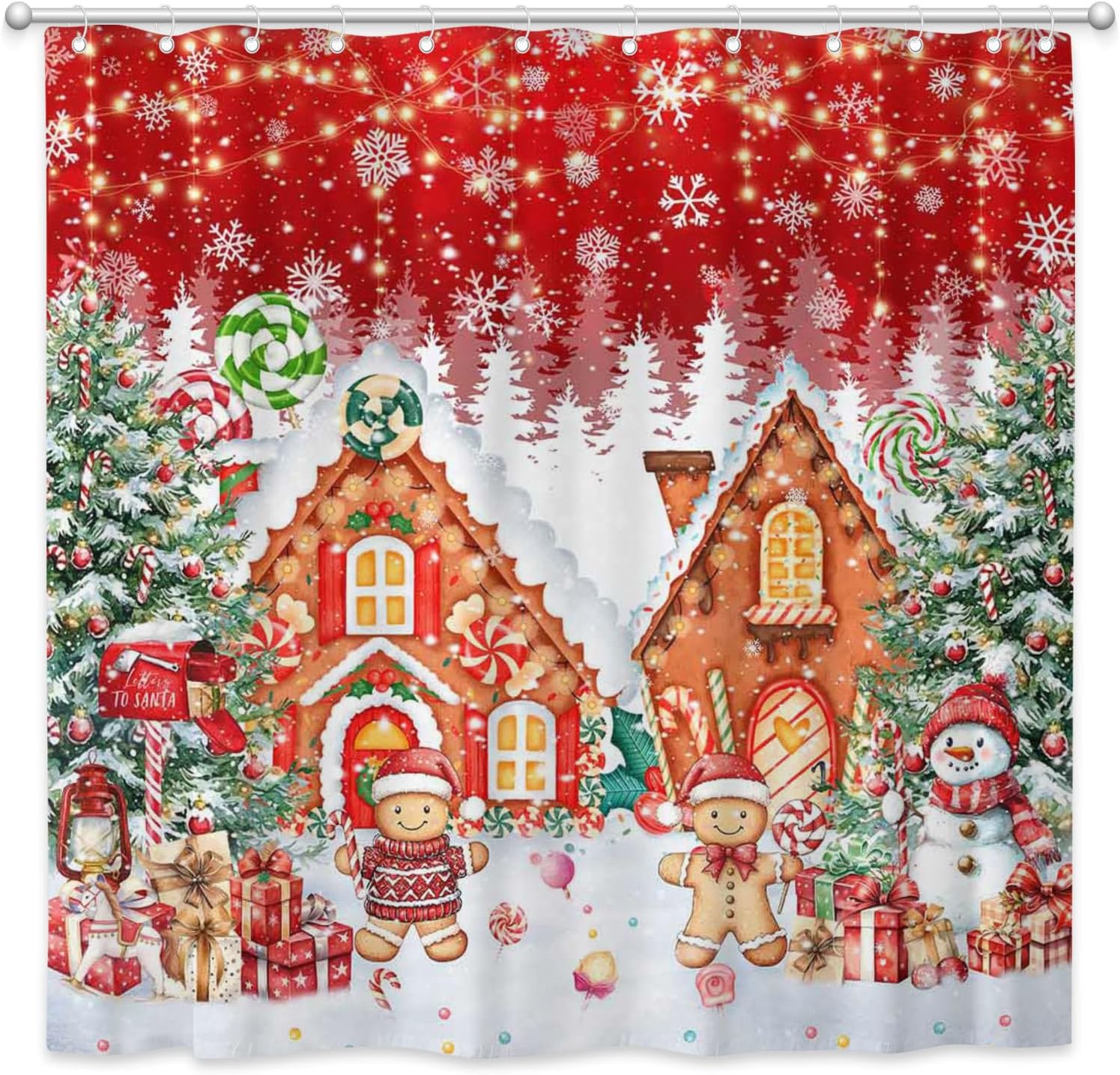Red Gingerbread House Shower Curtain Rustic Snowflake Christmas Candy House Bathroom Curtain Set Xmas Candyland Polyester Fabric Bathtub Decor with 12 Hooks 72 x 72 Inch
