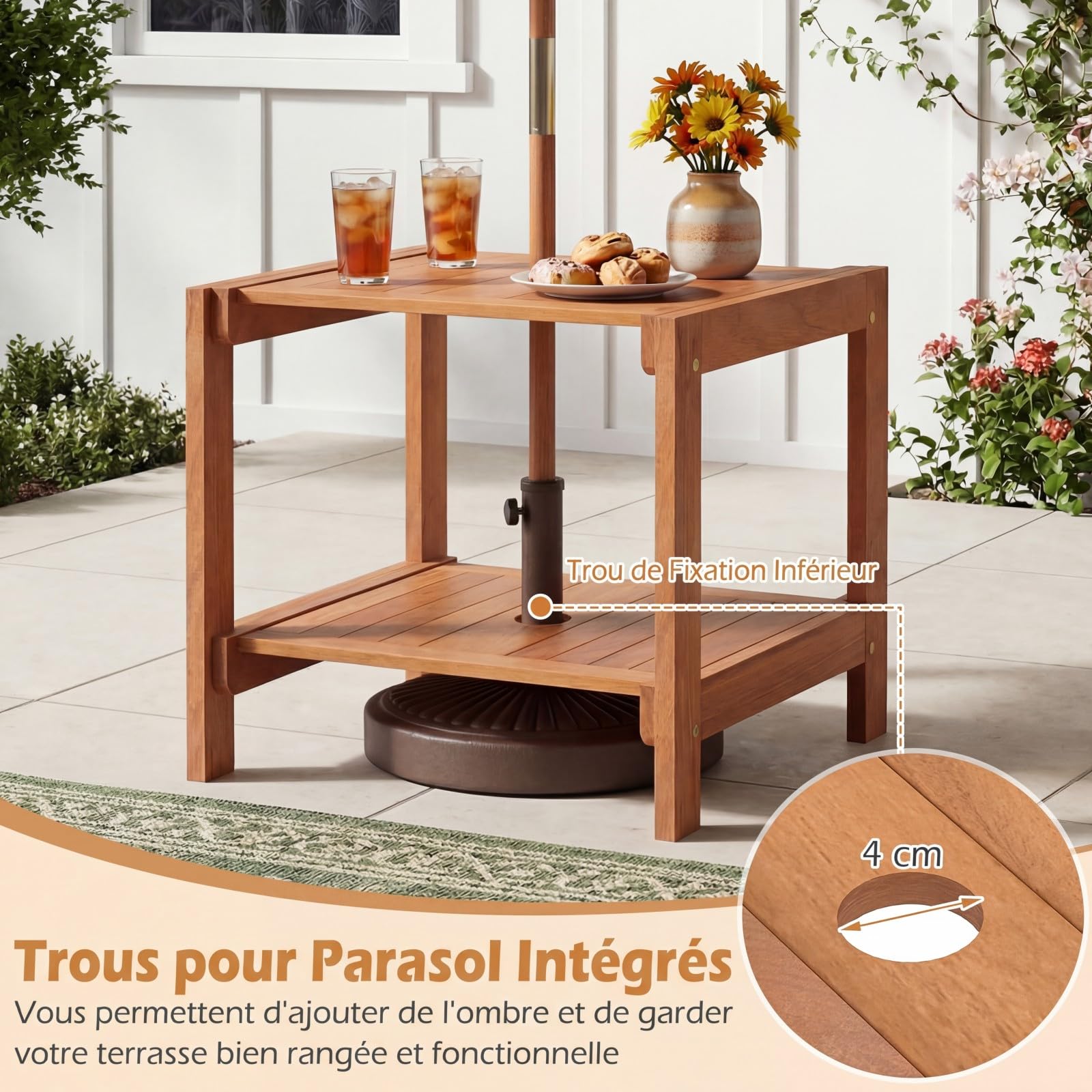 COSTWAY Table Basse Exterieur à 2 Niveaux en Bois avec Trou pour Parasol