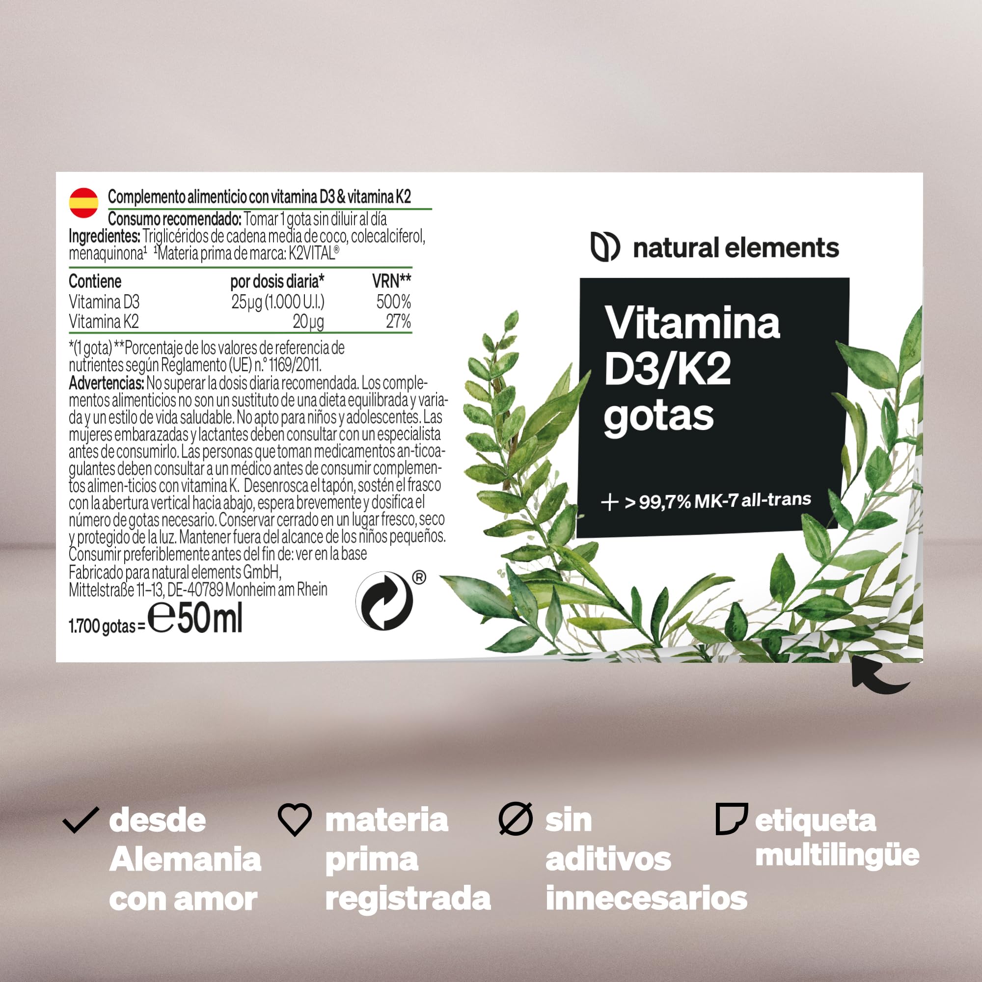 Vitamina D3 + K2 en gotas, 50 ml - Primera calidad: >99,7% all-trans (K2VITAL® de Kappa) + D3 altamente biodisponible - Probado en laboratorio, alta dosificación, líquido