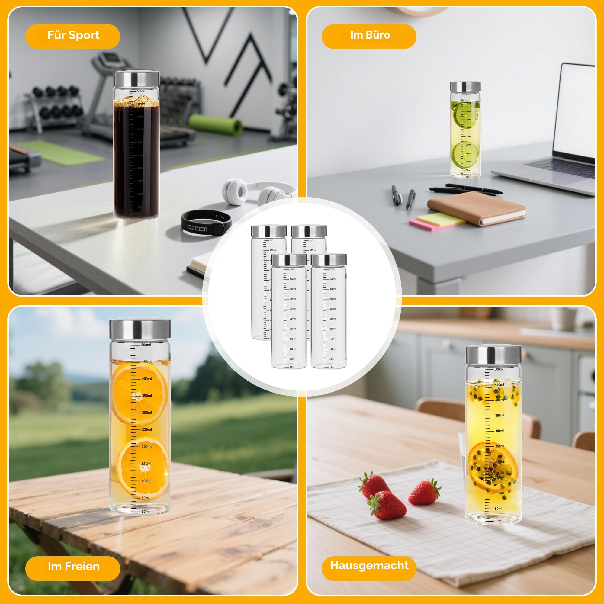 4er Glasflaschen 500ml mit Edelstahl Deckel,Smoothie Gläser Sets mit Messskala,Wiederverwendbar Glaswasserflasche,Smoothie Becher to go für Säfte, Smoothies, Kaffee, Milch, Tee (500ML)
