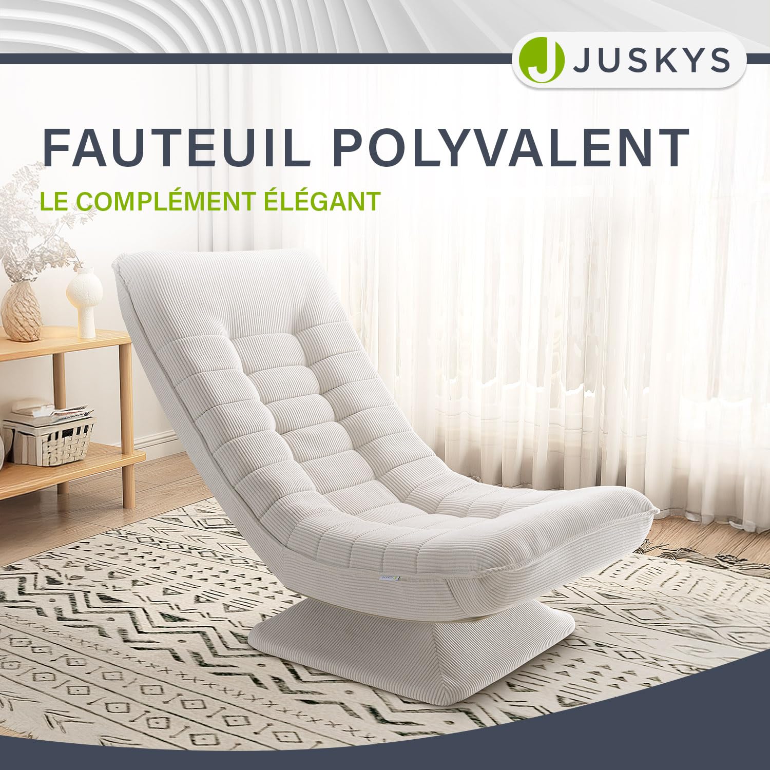 Juskys Fauteuil Relax Korsika - Ergonomique et pivotant à 360°, Pliable avec Rembourrage à 5 Couches - Fauteuil en Velours Confortable pour Salon - Beige