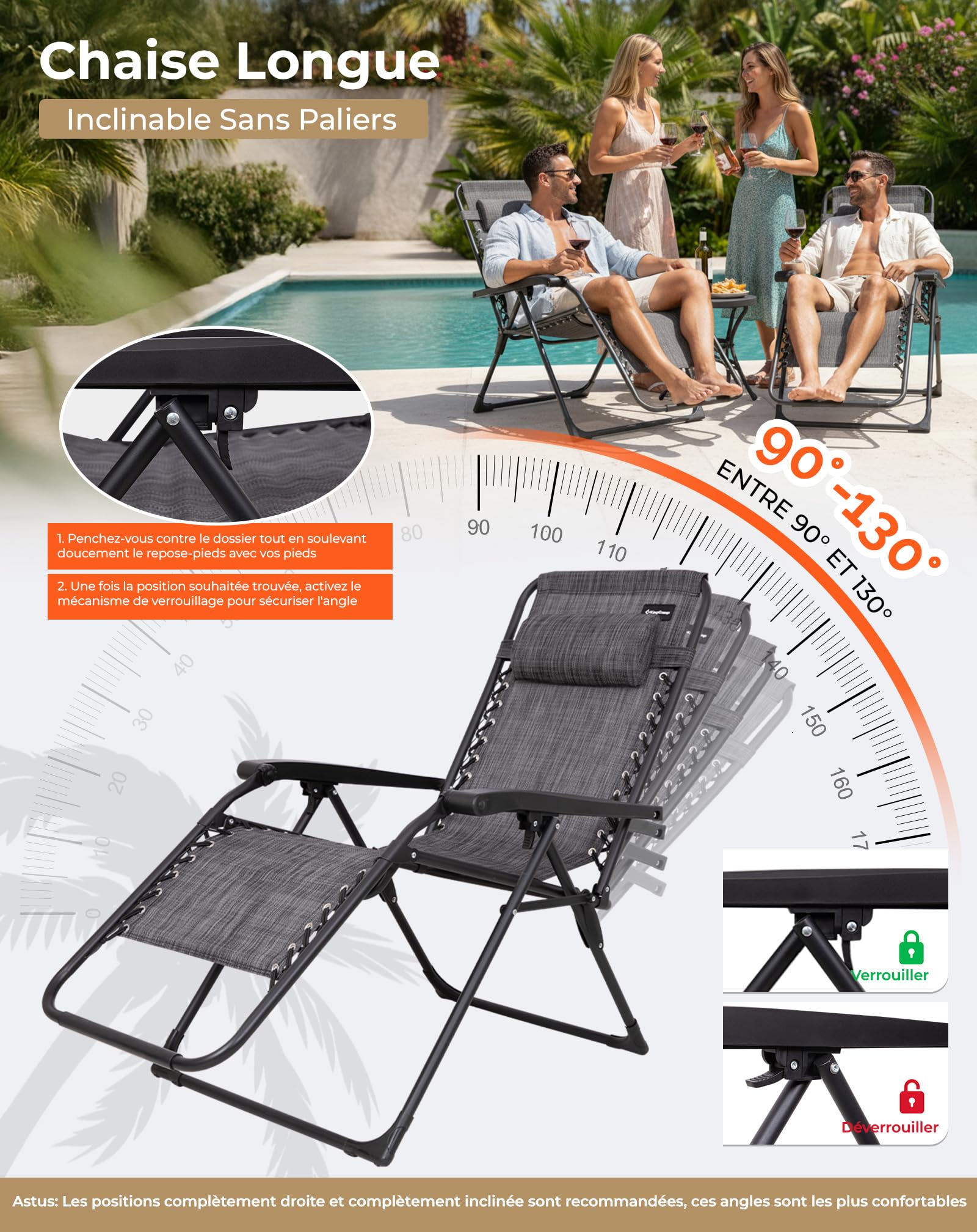 KingCamp Chaise Longue Gravité Zéro Inclinable, Jusqu'à 180 kg, Lot de 2 | Fauteuil Relax avec Appui-tête, Transat Longue de Jardin Réglable 90-130°, Textilène et Acier, pour Piscine Camping Jardin