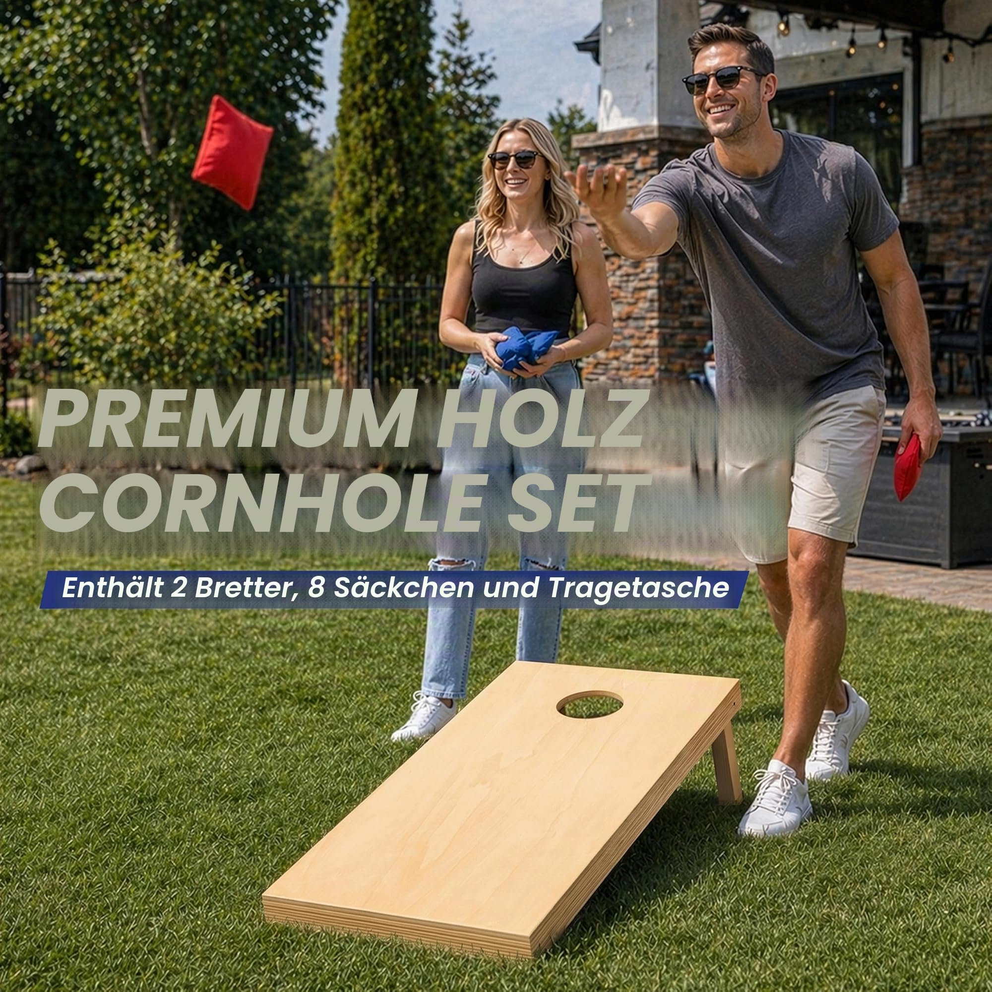GoSports Premium-Cornhole-Sets aus Massivholz, wähle 1,2 x 0,6 m oder 91 x 61 cm, Spielbretter enthalten 8 Cornhole Toss Bags