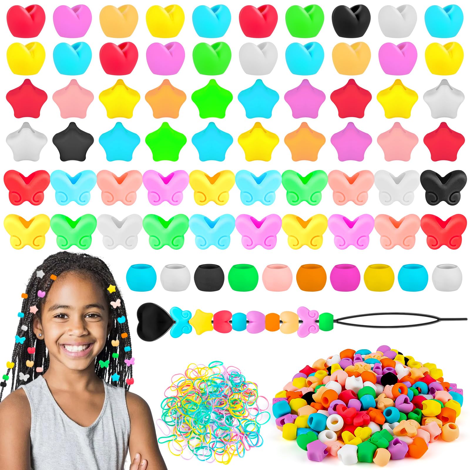 70Pcs Silicone Hair Beads for Kids Girls, 5mm Rubber Braid Beads Bulk for Hair, Butterfly Heart and Star Women Girls Braids Accessories