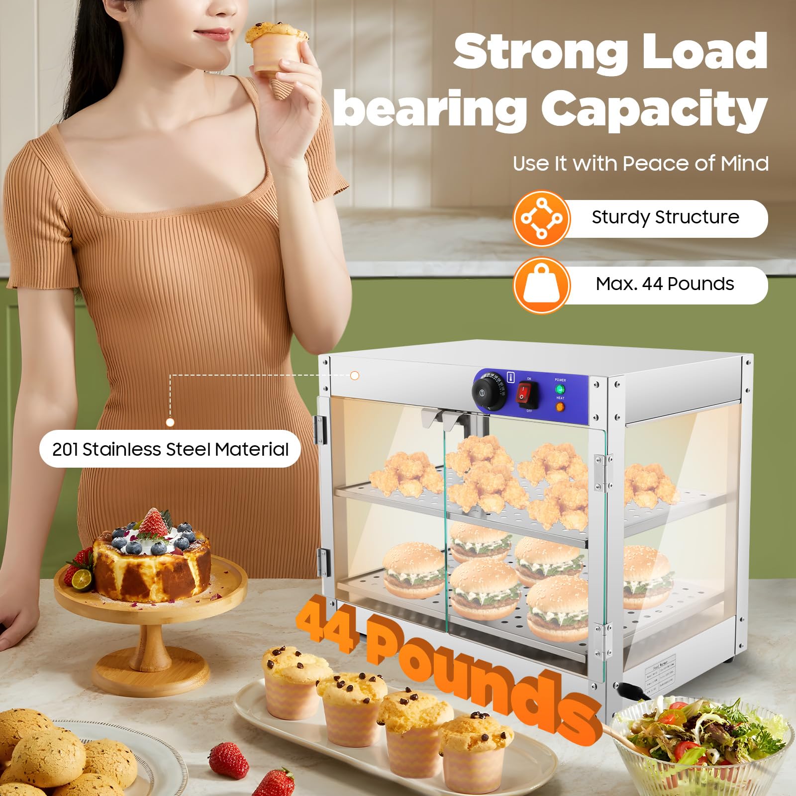 Vetrina calda a 2 ripiani, per scaldavivande, 30 – 85 °C, vetrina per scaldavivande, display per scaldabagni commerciali, con maniglie e clip per alimenti, 61 x 38 x 51 cm