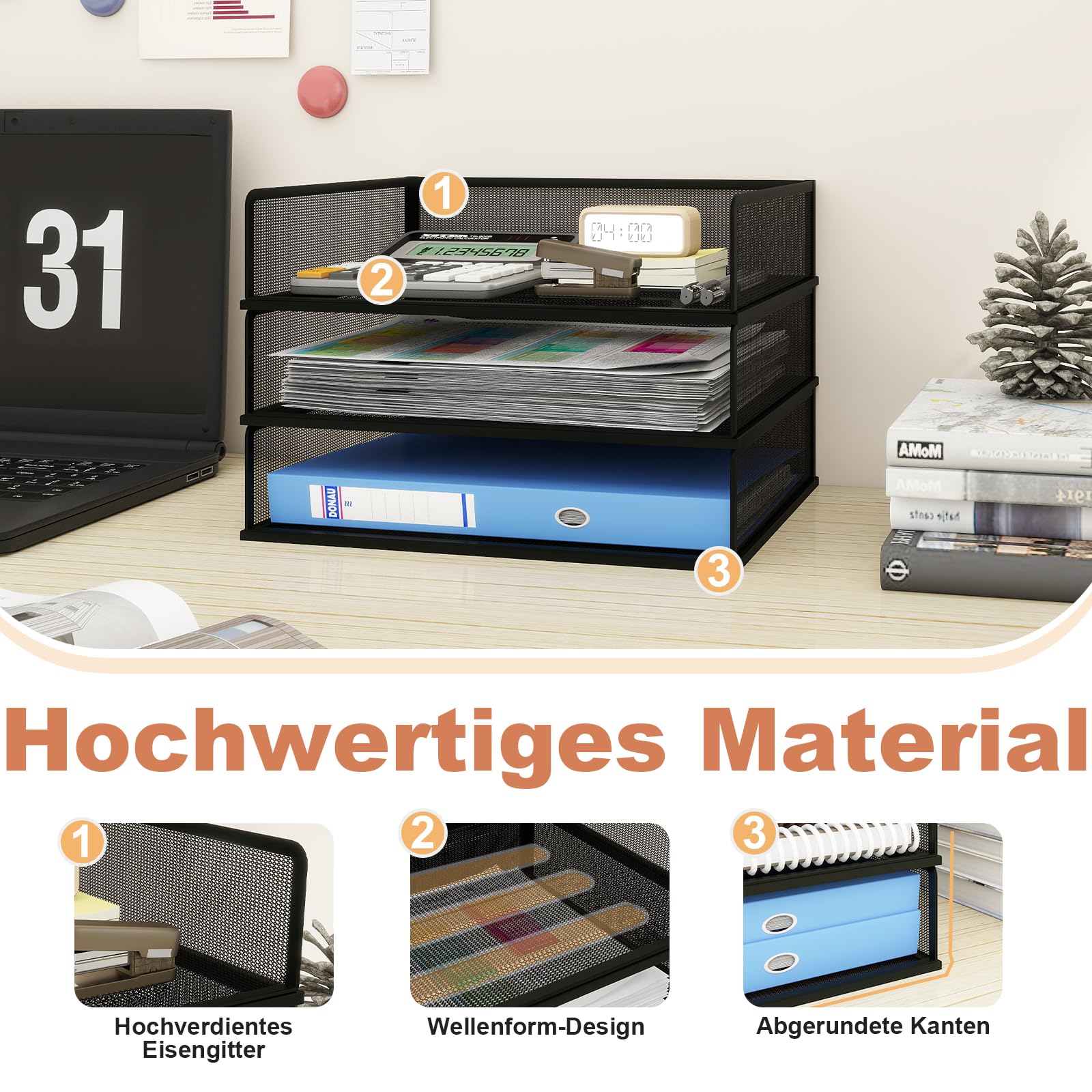 PUNCIA Dokumentenablage A4 Briefablage 3 Stück aus Metall Stapelbar Schwarz | Papierablage Aktenablage Dokumentenhalter Aktenaufbewahrung Ablagefächer Schreibtisch Organizer für Büro Schule Arbeitszimmer