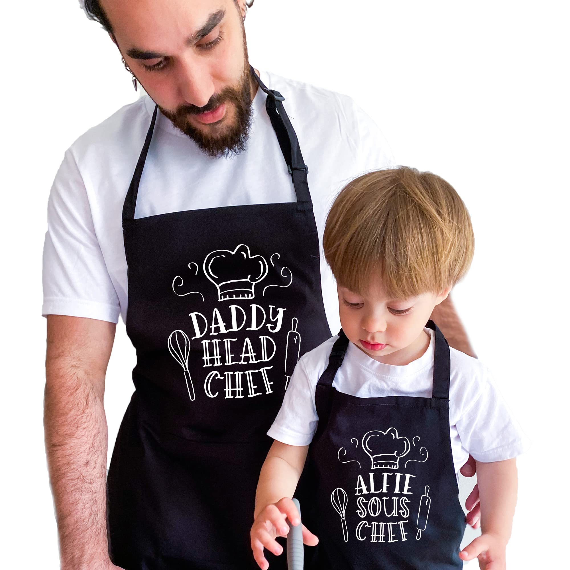 Pomchick - Personalised Matching Head Chef Dad Sous Chef Kids Apron | Father's Day Christmas Birthday Gift for Dad Grandad | Daddy Son Daughter