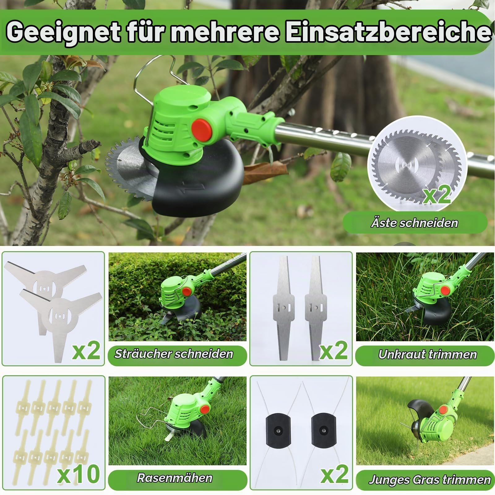 Rasentrimmer mit Akku, 5 In 1 Akku Rasentrimmer für Makita Akkus mit 5 Klingentypen, 21V Freischneider Akku, Teleskopierbar, 90° Drehung für Garden Trimmen,Grün