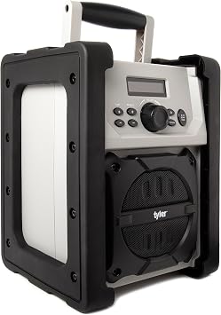 Tyler Bluetooth Jobsite Radio Speaker بطارية لاسلكية تعمل بالطاقة أو AC/DC - 100+ Feet Rang - USB - AUX Out - راديو FM كامل النطاق - مقاوم للماء IPX5 - مكبر صوت محمول داخلي داخلي TWS407