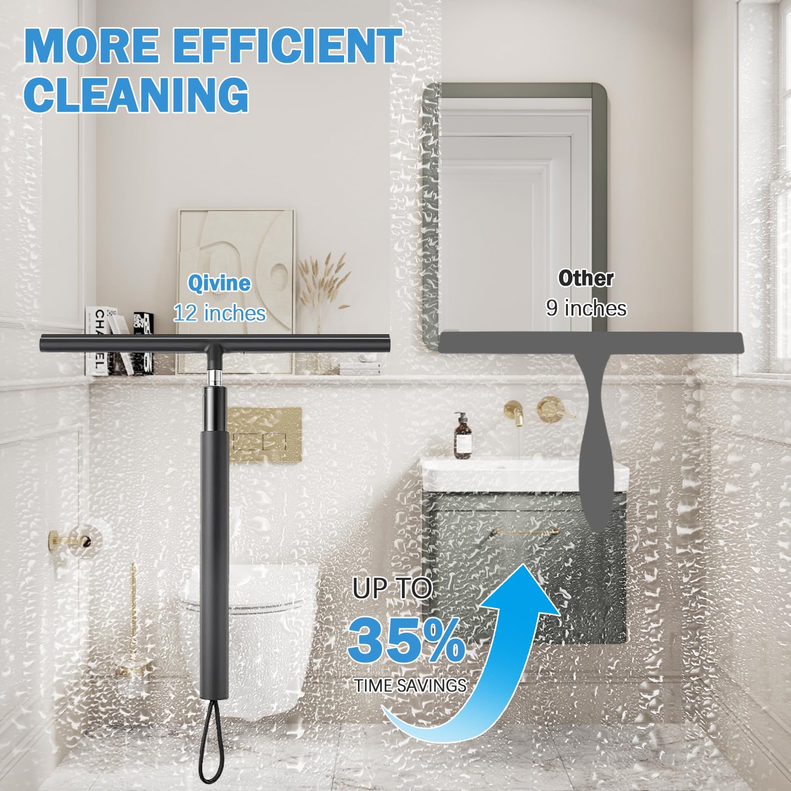 Qivine Tergivetro per Doccia con Manico Telescopico 146 cm, Pulisci Vetri con Tergivetro in Silicone & Lavavetri in Microfibra, Tira Acqua Pavimenti con 2 Ganci, per Bagno Auto Vetro Finestre