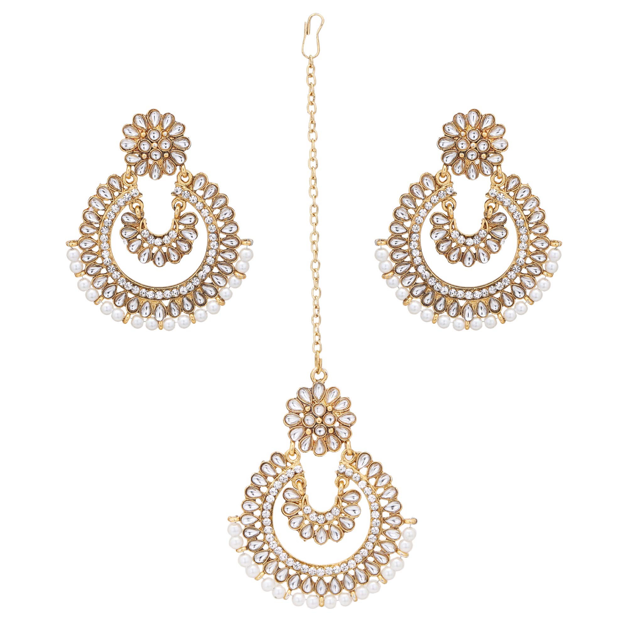 ZIKU JEWELRY Women's Beauty Circular Maang Tikka Set with White Pearl, Kundan and AD Embedded Gold Plated Fashion Jewellery