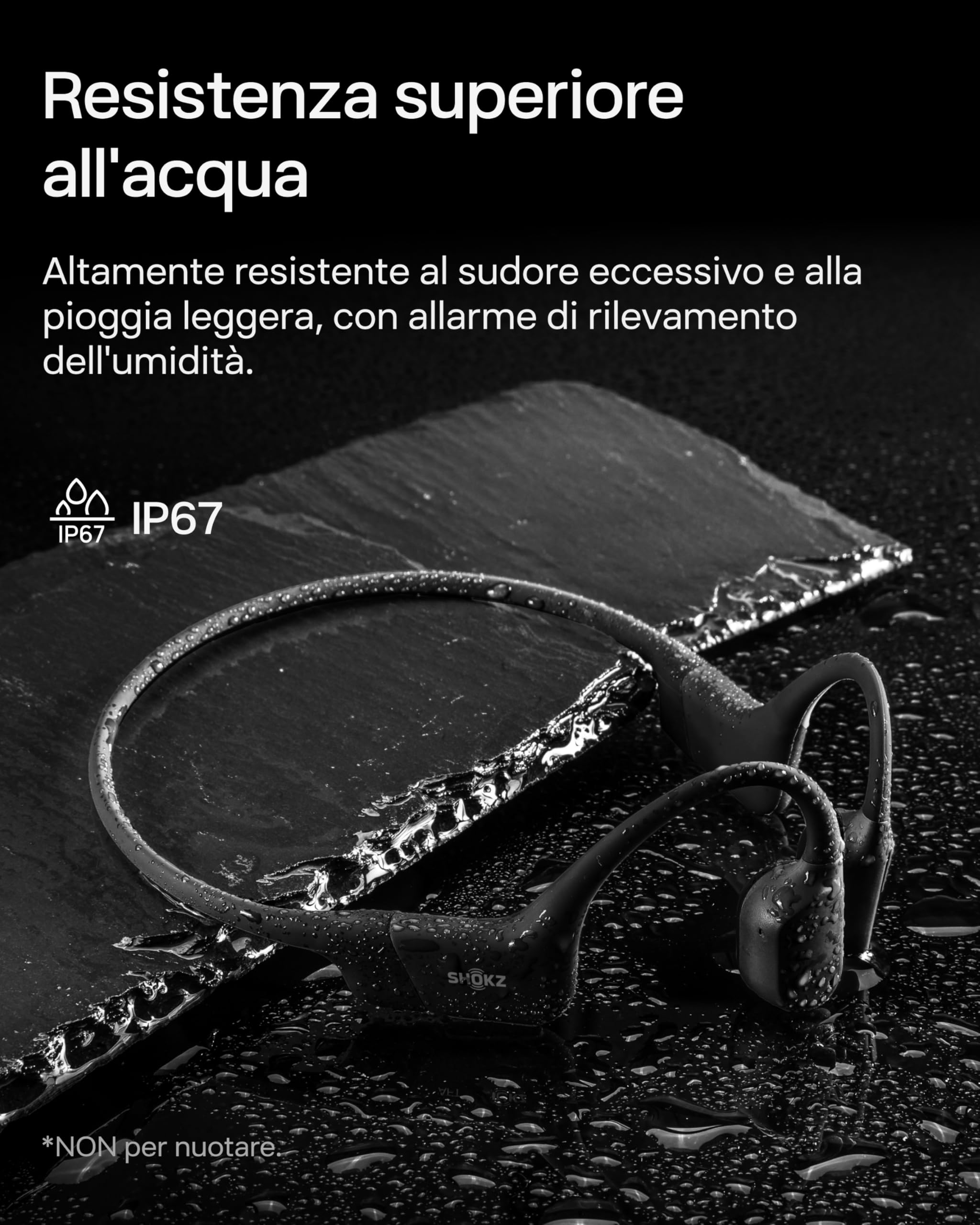 SHOKZ Auricolari OpenRun a conduzione ossea, auricolari sportivi Bluetooth open-ear con microfono, cuffie wireless impermeabili IP67, autonomia 8 ore, USB-C, Fascia auricolare sport, Nero