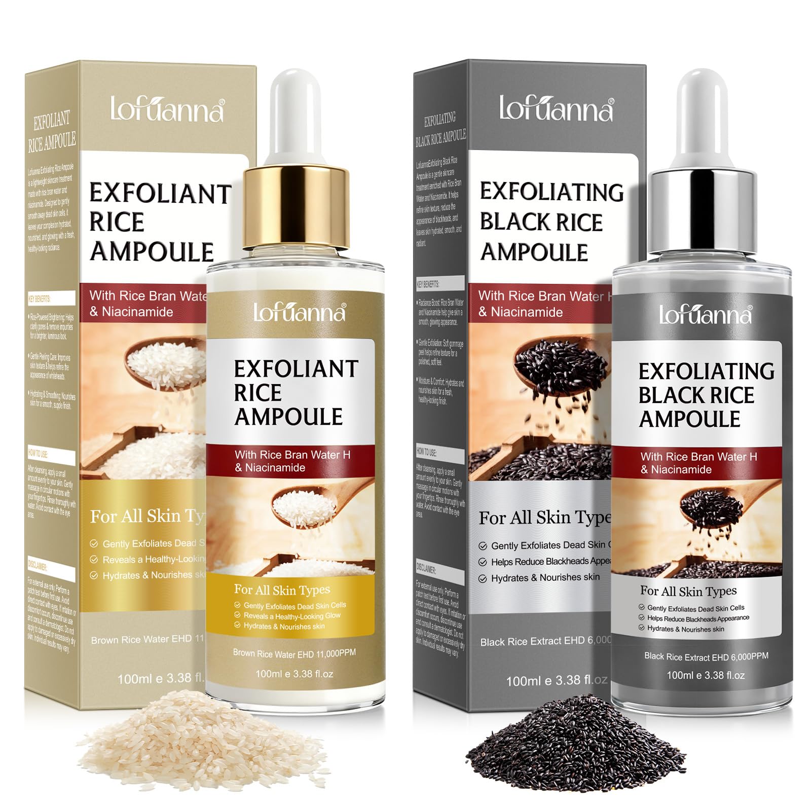 Sérum Exfoliant Visage au Riz Blanc 100ml + Riz Noir 100ml, Peeling Visage Doux AHA BHA VB3, Élimine Peaux Mortes, Affine le Grain de Peau, Réduit Pores, Éclat & Hydratation, Soin Coréen,Toute la Peau