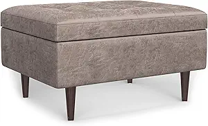 SIMPLIHOME Shay 34 inch Wide Mid Century Modern Small Rectangle Coffee Table Storage Ottoman in Distressed Grey Taupe Vegan Faux Leather, Assembled, for The Living Room and Entryway