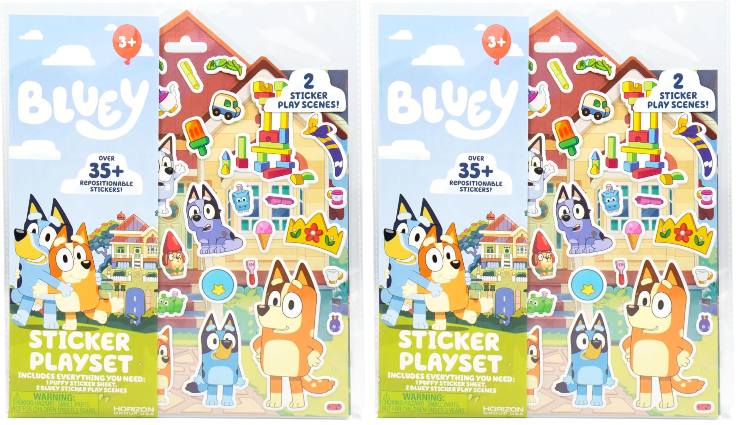 Horizon Group USA Bluey Sticker Playset, 2 Sticker Play Scenes, 35+ Reusable Puffy Bluey Repositionable Stickers for Kids, Perfect for Travel, Screen-Free Fun (Pack of 2)