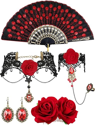 BBTO 5 Pcs Flamenco Accessories Women Spanish Rose Flower Hair Clip, Fans, Choker Bracelet Earring for Halloween Party