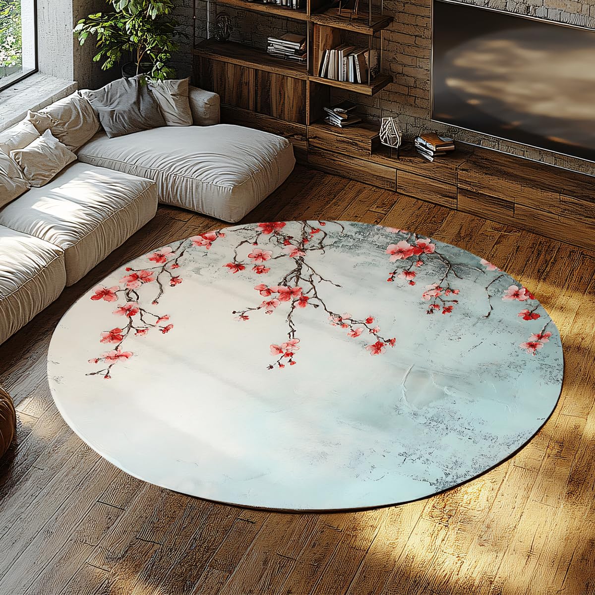 Tapis rond pour salon 180cm lavable antidérapant en fleurs de cerisier