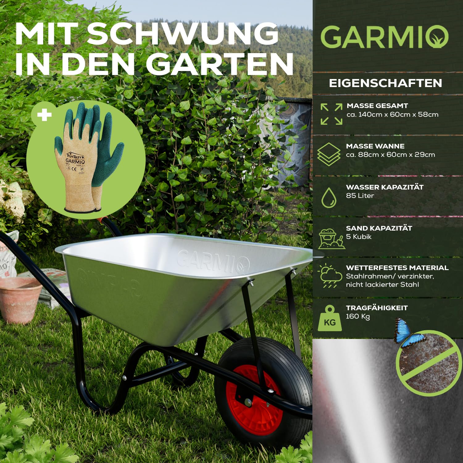 GARMIO® Schubkarre 85 Liter bis 160kg Tragfähigkeit Garten Bauschubkarre, Gummi-Luftreifen mit Felge - Wanne verzinkt, Hofkarre, Robustes Stahlgestell für Haus und Hof