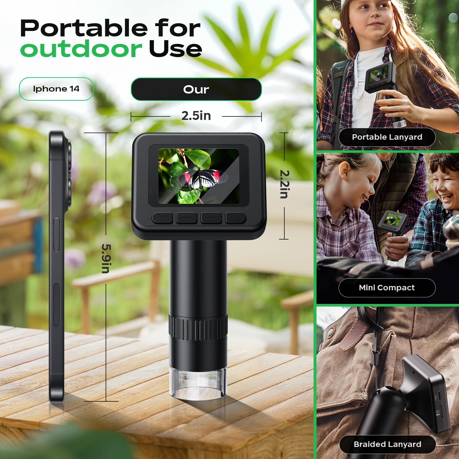 Microscopio digital de mano D-KS2 con pantalla IPS de 2 pulgadas, toma fotos y videos, descarga a PC y Mac, microscopio de bolsillo 1000X para niños/adultos con tarjeta SD de 32 G, uso en