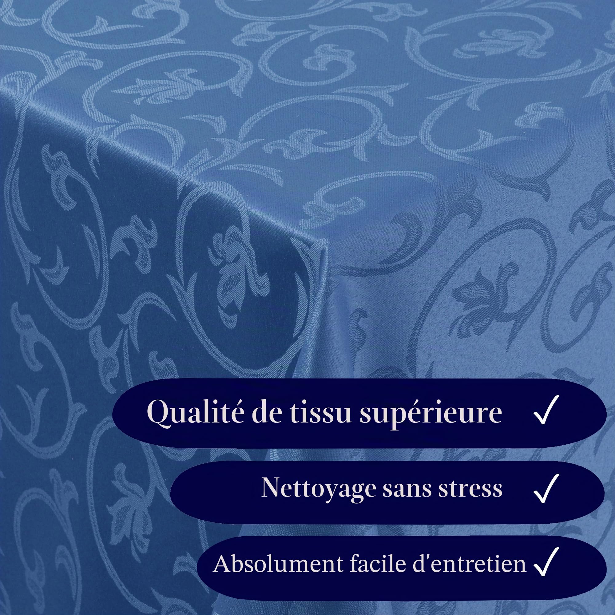 Nappe damassée infroissable style baroque, modèle jacquard, nombreuses tailles & couleurs !, Polyester, Bleu foncé, Rund 220cm