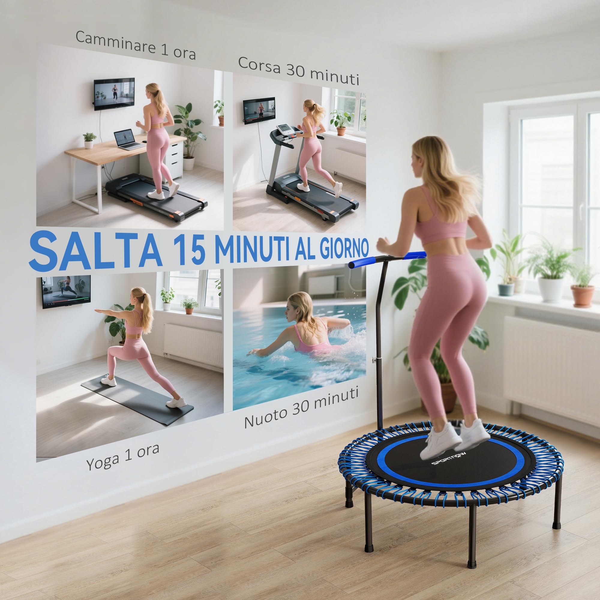 SPORTNOW Trampolino Fitness Ø114 cm con Maniglia Regolabile su 5 Posizioni, Trampolino Elastico Capacità 200 kg, 36 Molle Bungee, Tappeto Elastico Per Adulti per Allenamento a Casa, Blu