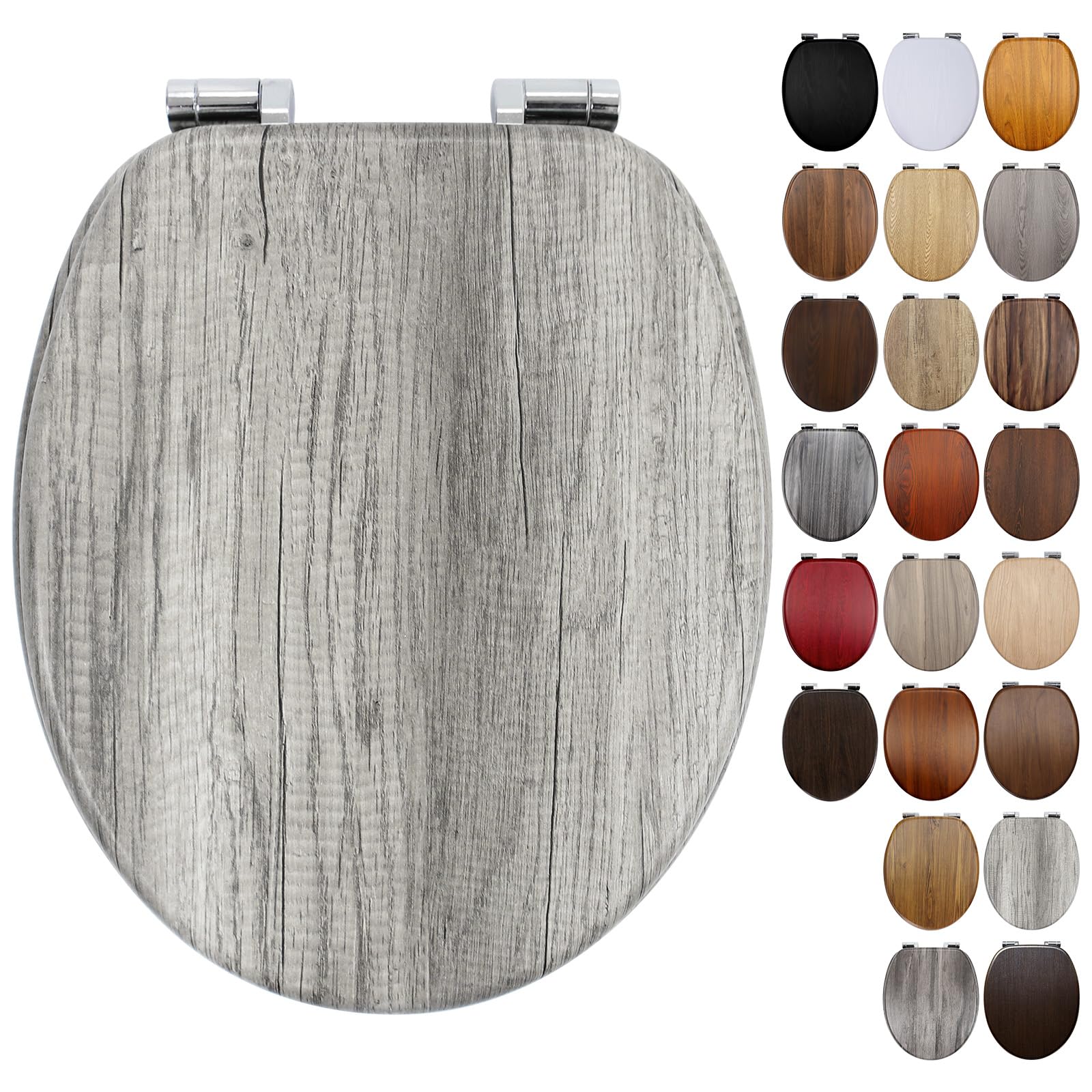 Fanmitrk Toilet Seat Grey Wooden Effect with Soft Close Adjustable Solid Zinc Alloy Hinges, MDF Wood Oval Toilet Seat with Bottom Fixings, Easy to Clean and Install (18G19601)