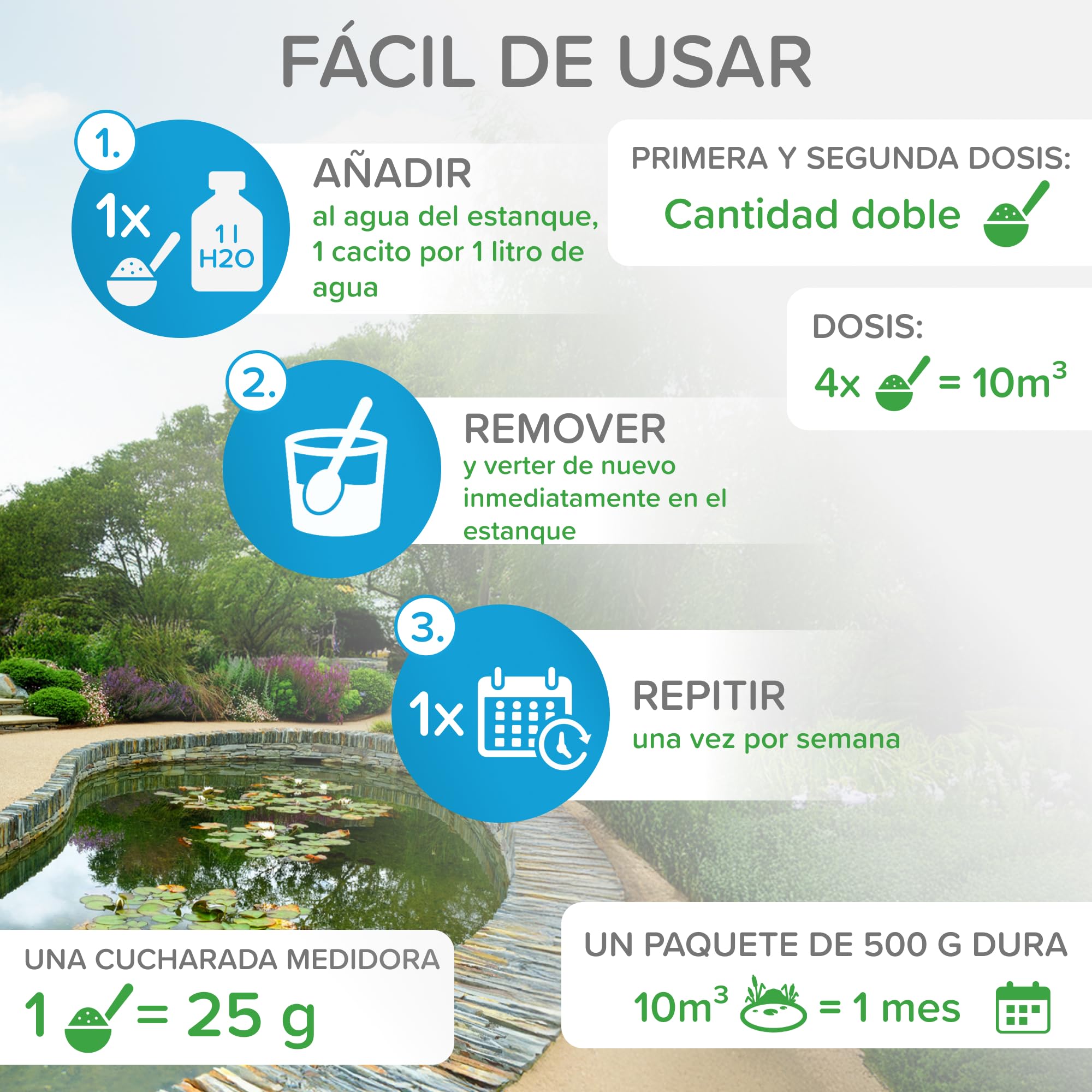 Limpiador de estanques de jardín, producto para el cuidado del estanque, clarificador de agua para limpiar el agua verde en el estanque de jardín, estanque de natación, estanque de peces