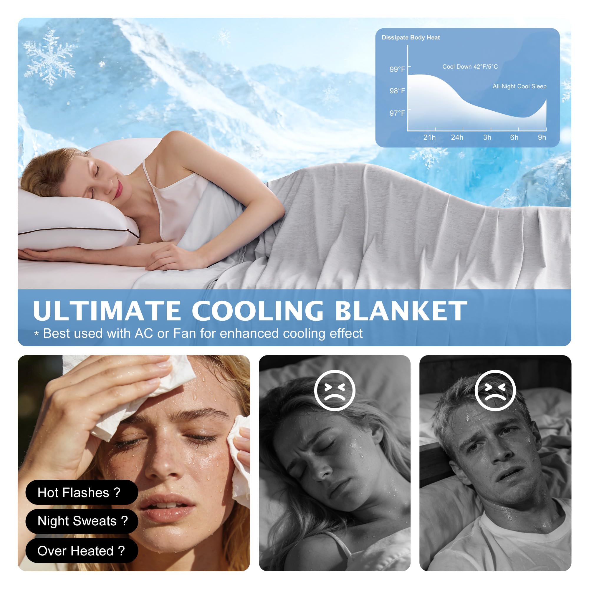 ROMROL Kühldecke 150 x 200cm 2 in1 Sommerdecke Selbstkühlende Decke Arc-Chill Q-Max>0.4 Kühlfasern Grau