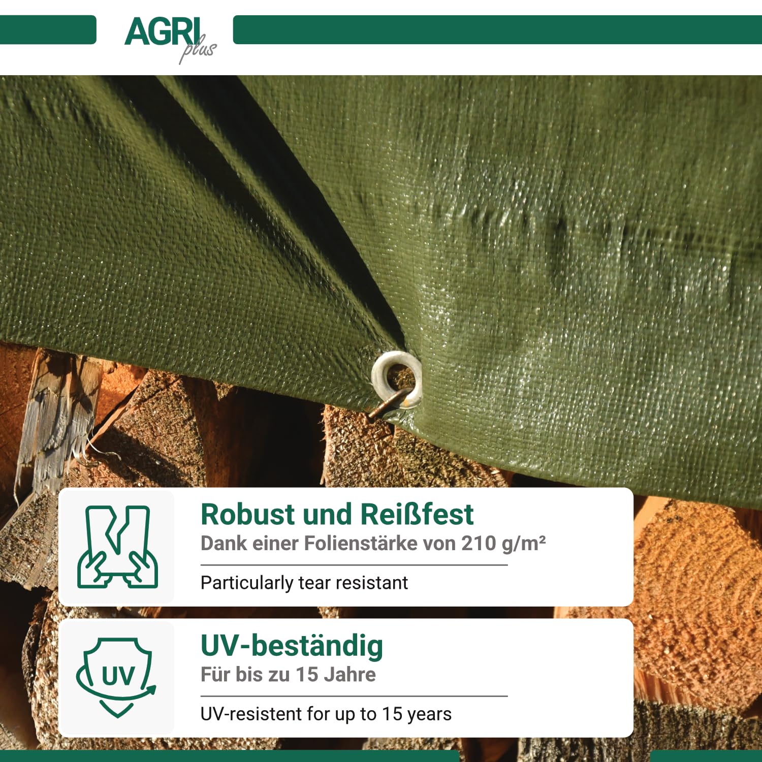 AGRI plus Bâche de Protection pour Bois 1,5 x 10 m avec œillets, Bâche en PVC Solide 210 g/m² avec Bords renforcés, pour Couverture de Longue durée, Résistant aux intempéries et aux UV
