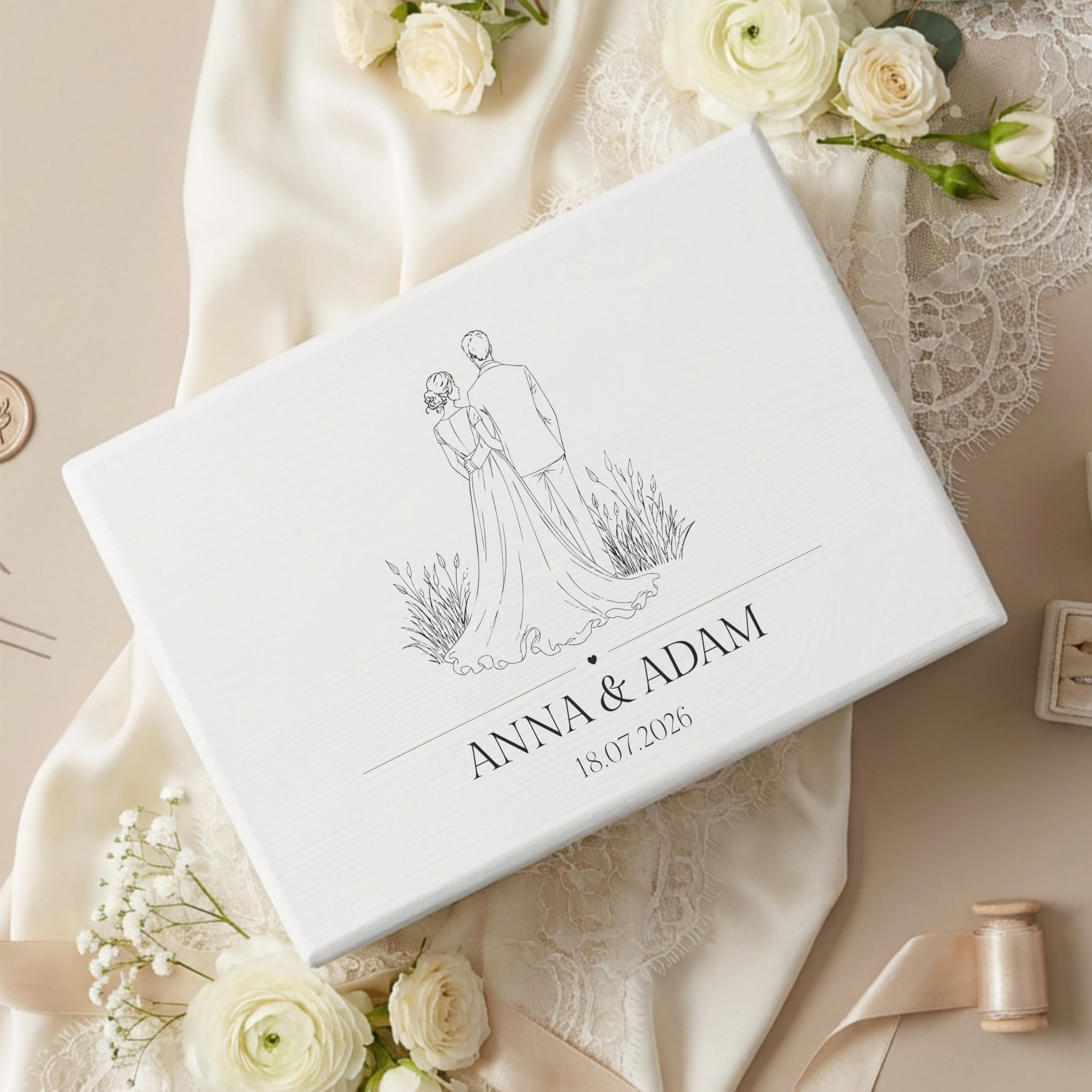 Creative DECO Personalizada Caja de Regalos Originales para los Novios Boda | Regalo Blanca | Caja Madera de Recuerdos Especiales | Parejas Aniversario Matrimonio | Motivo Pareja con Nombres Fecha