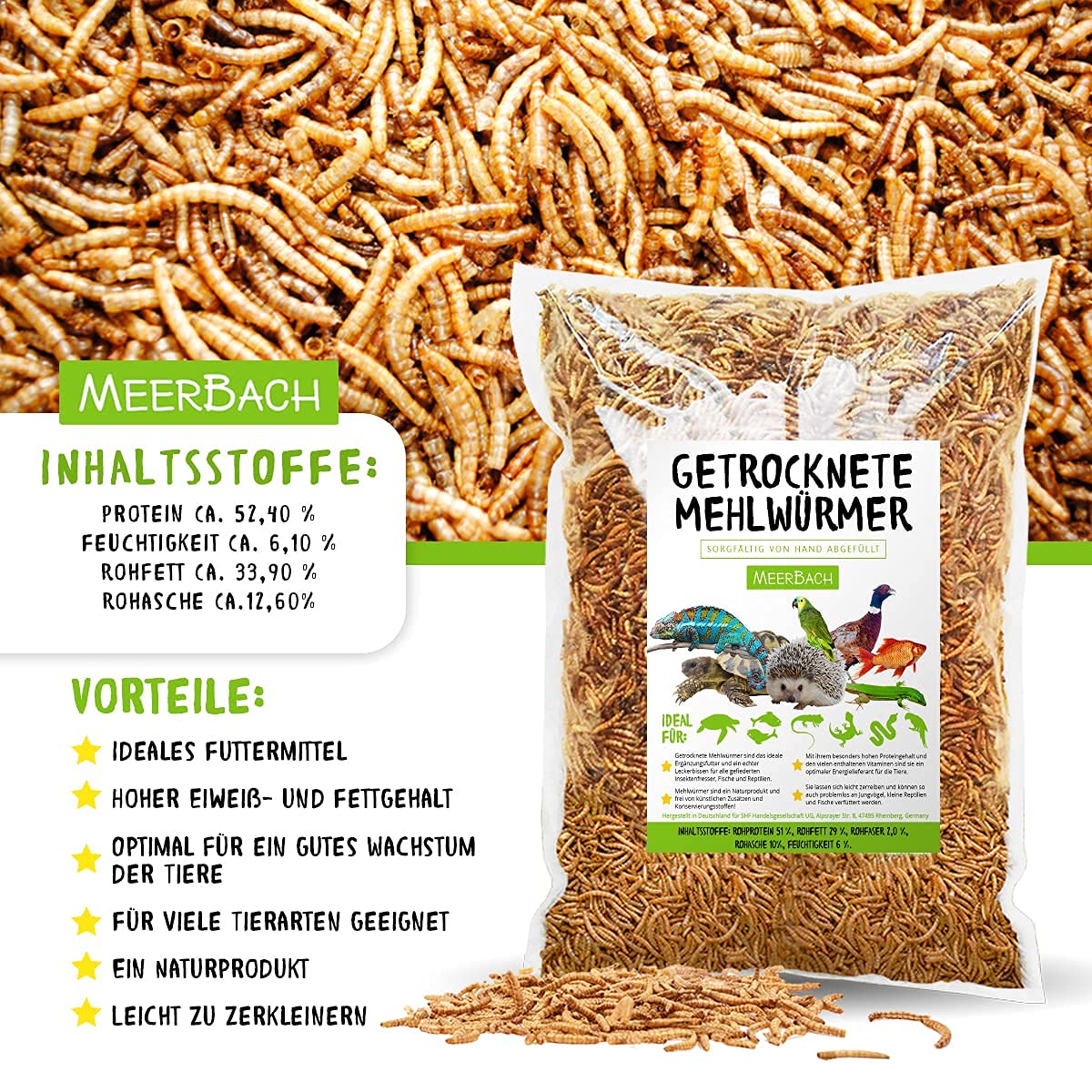 Mehlwürmer getrocknet, 800g (entspricht 5 L) getrocknete Mehlwürmer im praktischen Eimer, proteinreicher Snack für Wildvögel, Fische, Reptilien und Nager