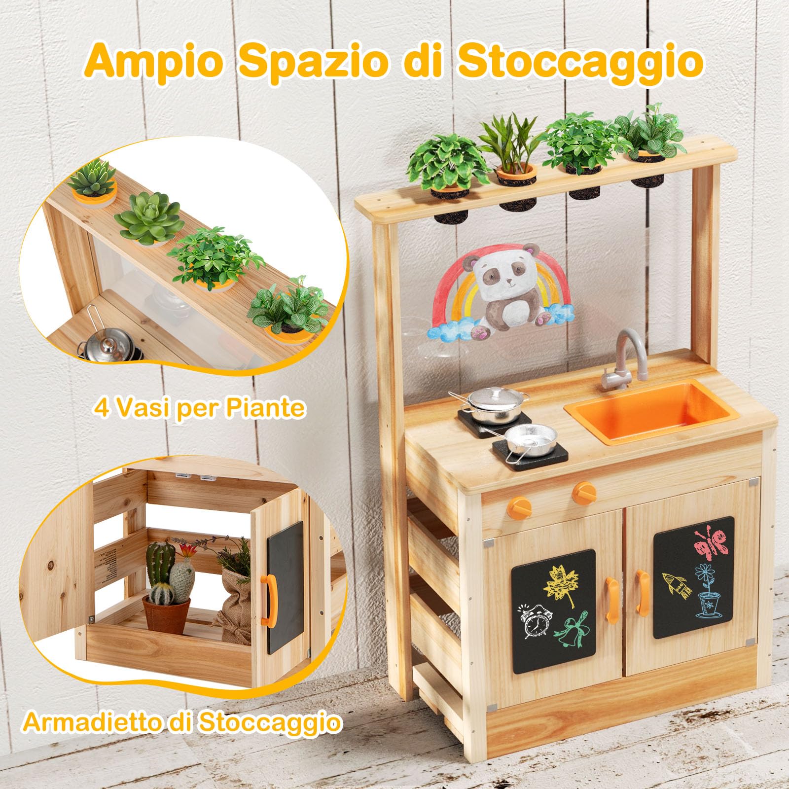 RELAX4LIFE Cucina Giocattolo per Bambini, Cucina da Esterno in Legno con Fornelli, Lavandino, Lavagna, Gessetti e Gomma, Cucina Giocattolo Interattiva per Bambini 3+ Anni (Cucina)