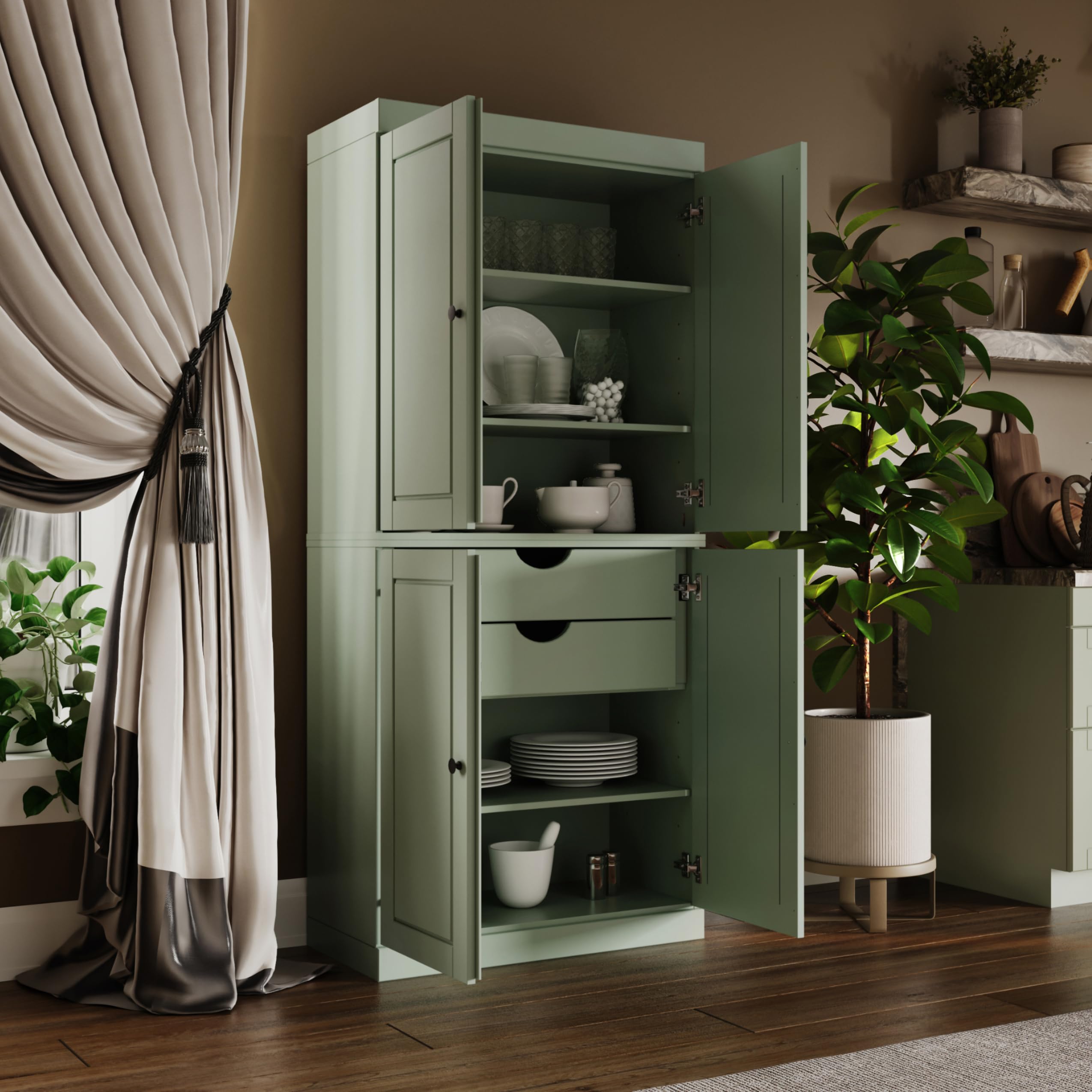 Palace Imports Solid Wood Kitchen Pantry Cabinet - 71.5" H x 32" W, Tall Storage Cupboard - Sage, Adjustable Shelves & 2-Drawer Kit for Living Space,