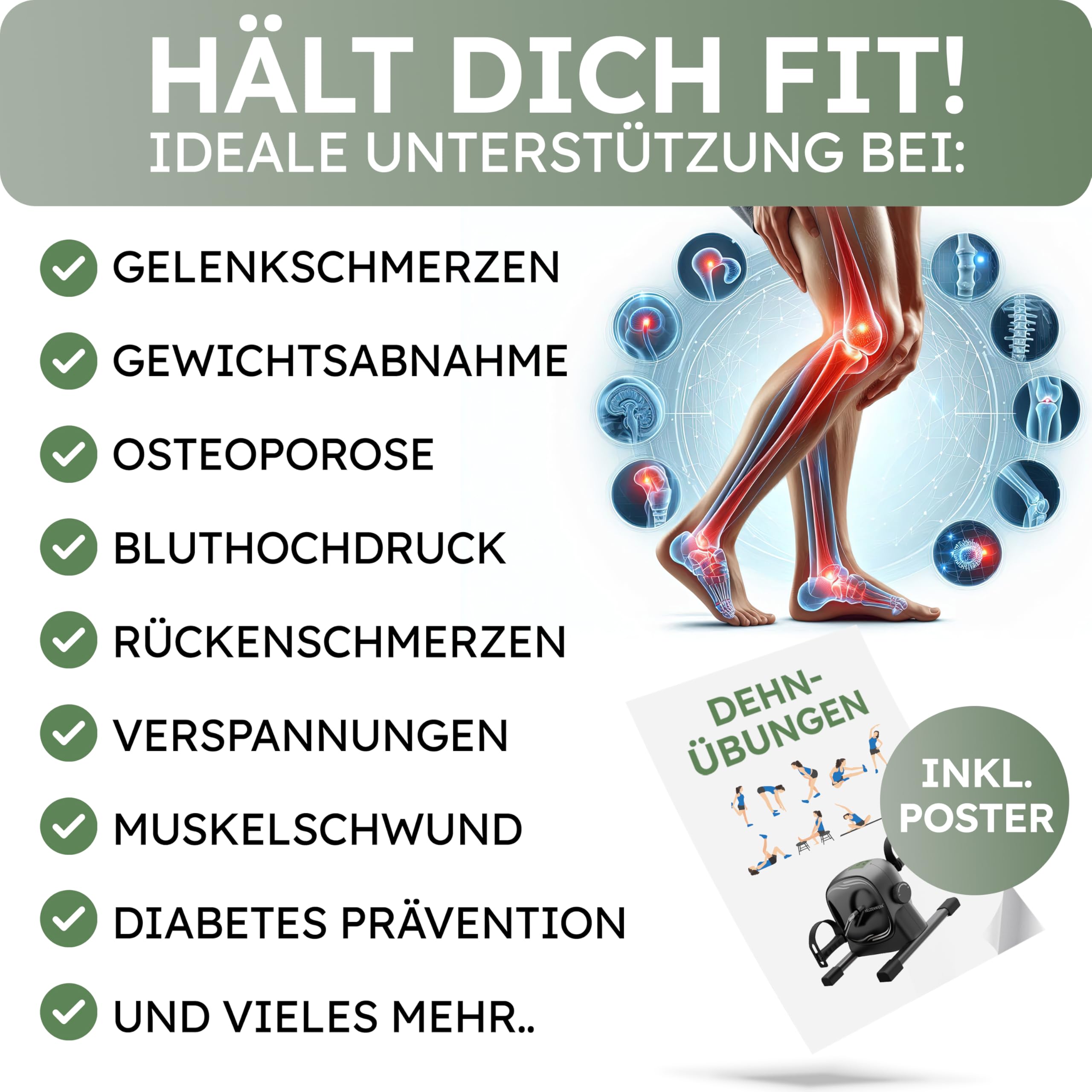 HELDENWERK Kit d'entraînement à pédales certifié TÜV/GS avec sangle de fixation et tapis antidérapant – Pédalier d'entraînement pour seniors
