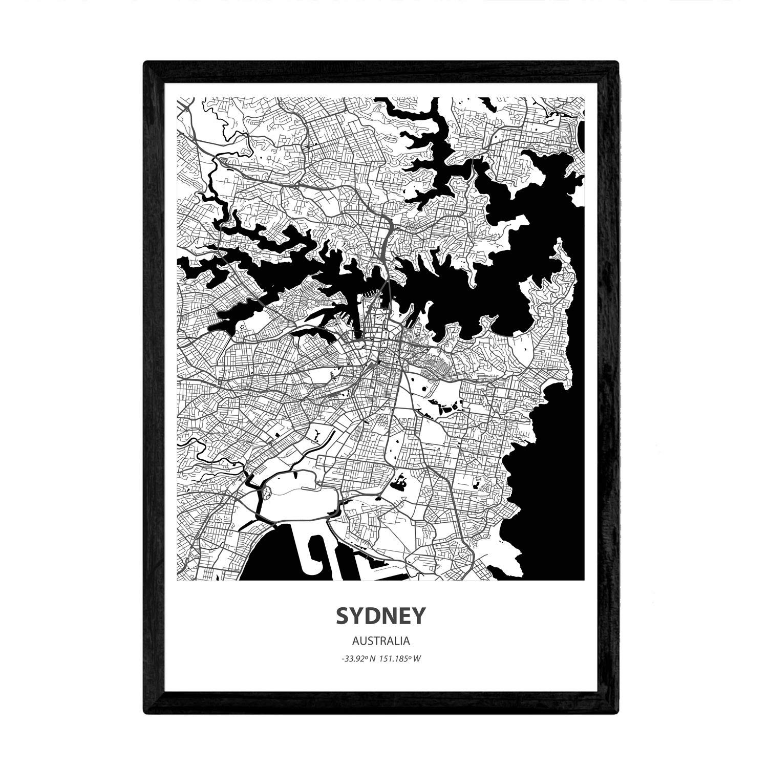 Nacnic Poster with map of Sydney - Australia. Sheets cities in Australia with seas and rivers in black color. A4 size