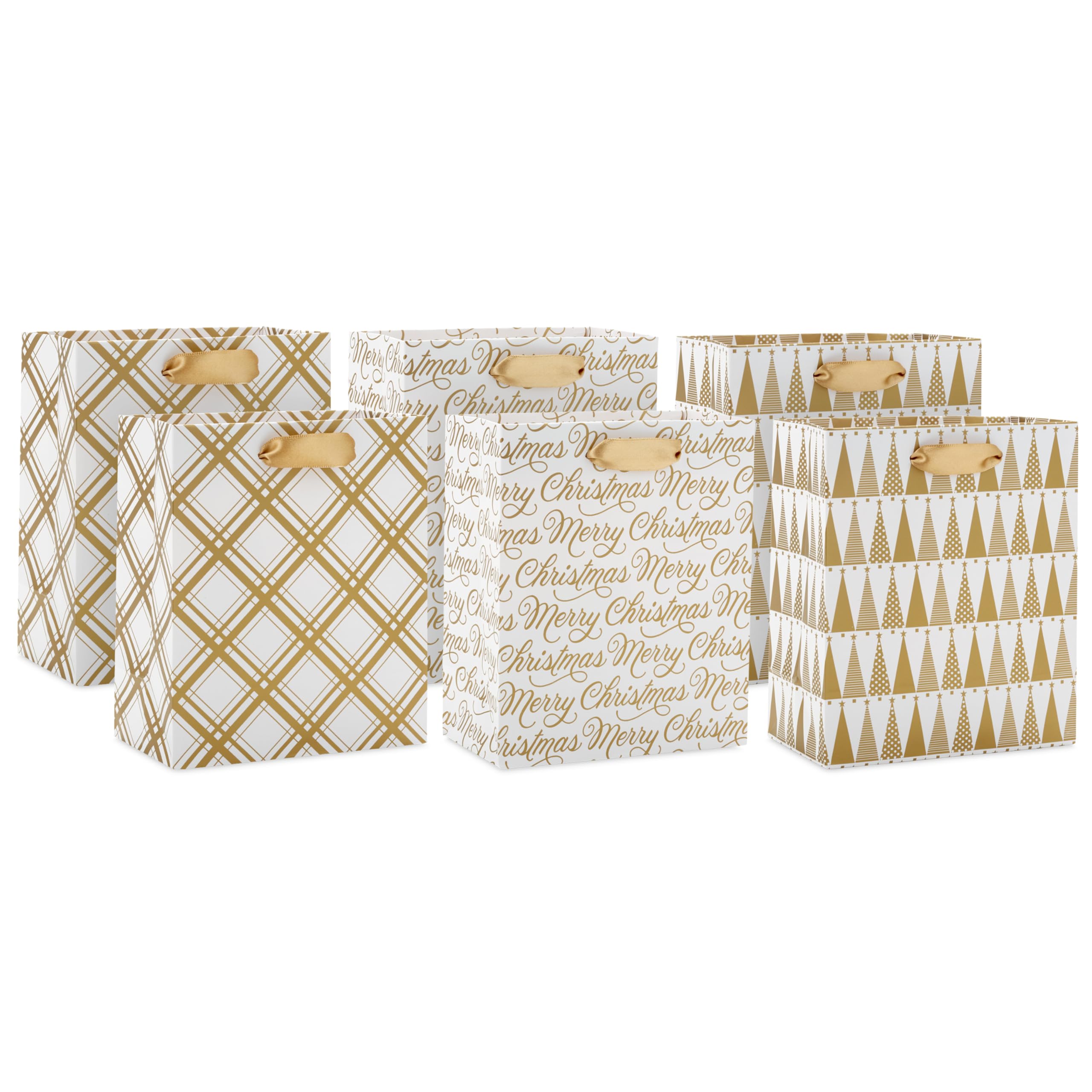 6" Small Holiday Gift Bag Bundle (6 Bags: Ivory and Gold Trees, Plaid, Merry Christmas)