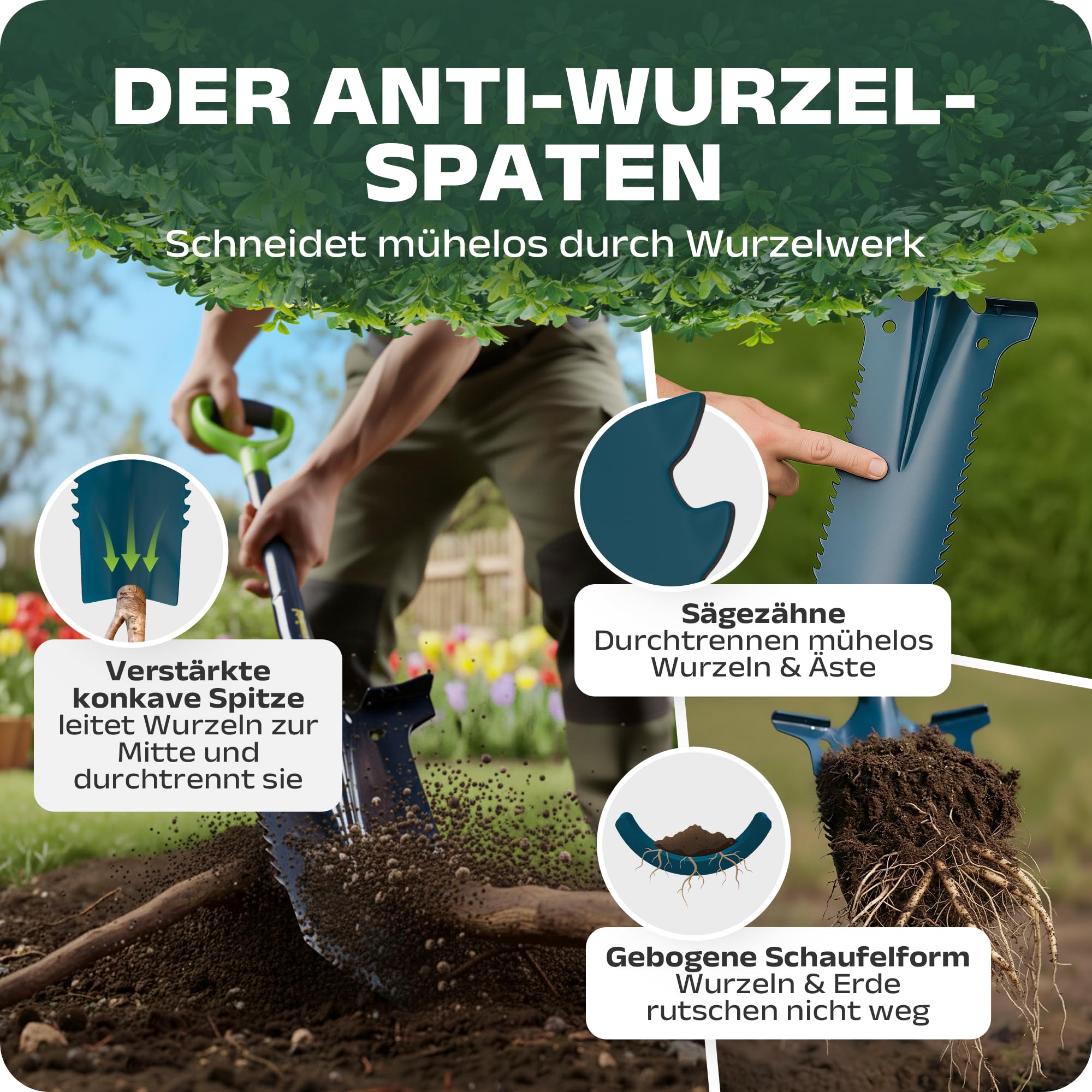 halmland® Profi Wurzelspaten mit Spezialspitze auch für Harte Böden - durchtrennt Wurzeln | Spaten mit Wurzelsäge | robuster Spaten Garten aus Carbonstahl & Fiberglas | Schaufel für Gartenarbeit