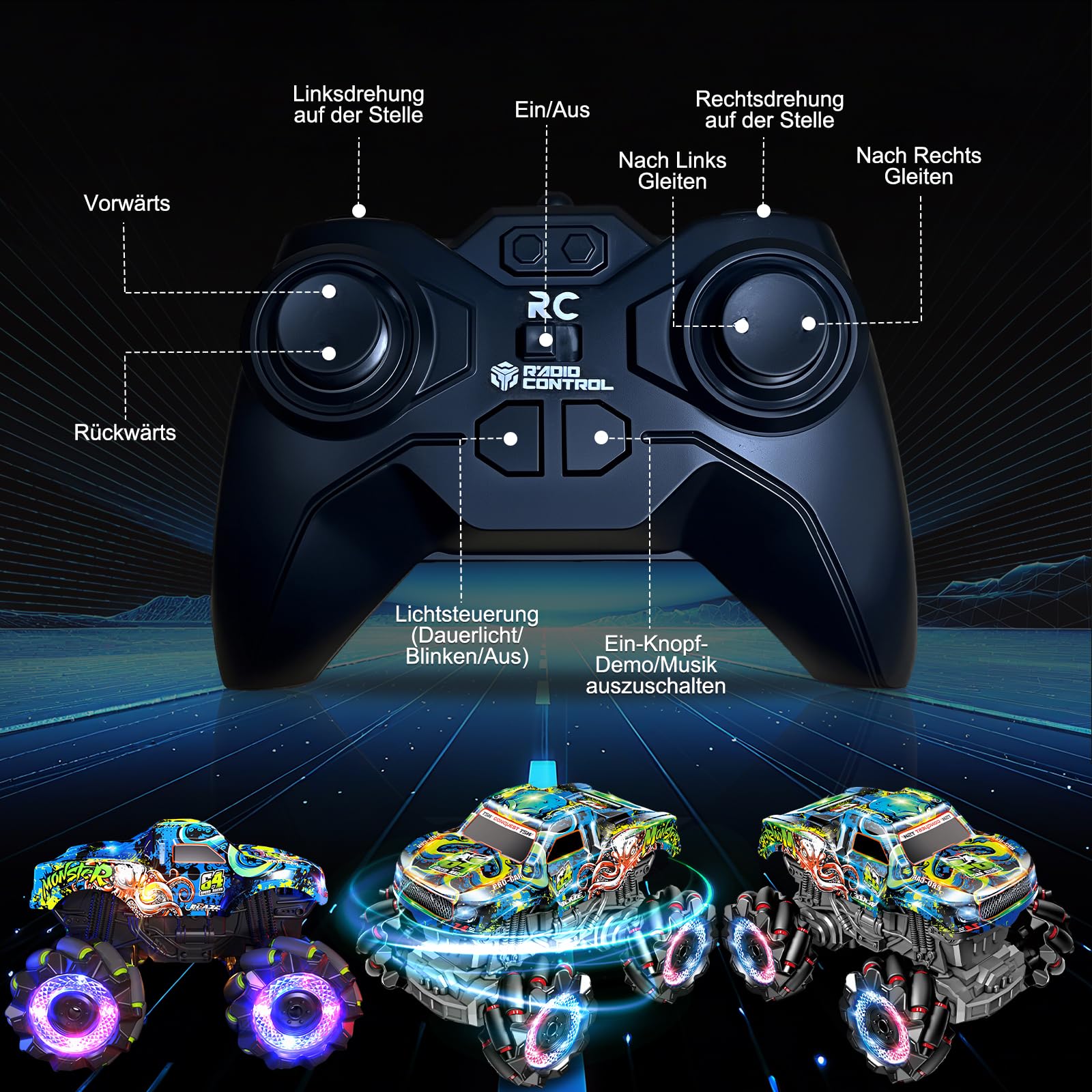 Monster Truck z podświetlanymi oponami i muzyką, 2,4 GHz, obrót o 360°, ciężarówka Monster Truck 1/20 z 2 bateriami, 50 min autonomii, samochód zdalnie sterowany od 3, 4, 5, 6, 7, 8