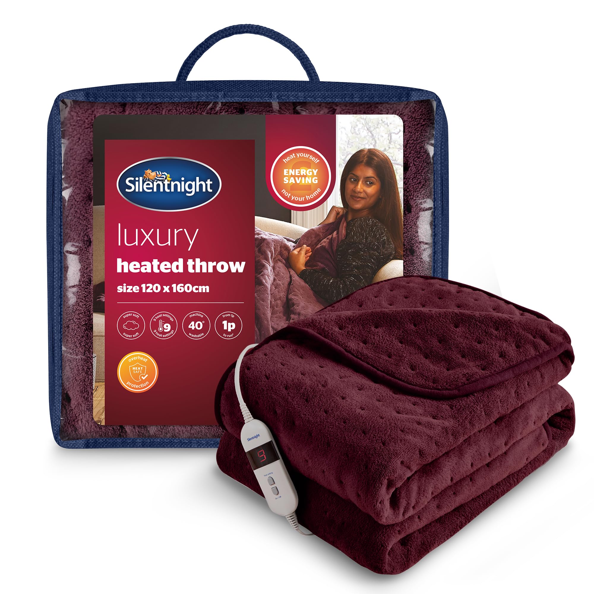 Silentnight Comfort Control Heated Throw Blanket - Luxury Fleece Electric Heated Blanket for Sofa Bed with 9 Heat Settings, Fast Heat-up and Safety Shut Off - Machine Washable - 120x160cm, Berry