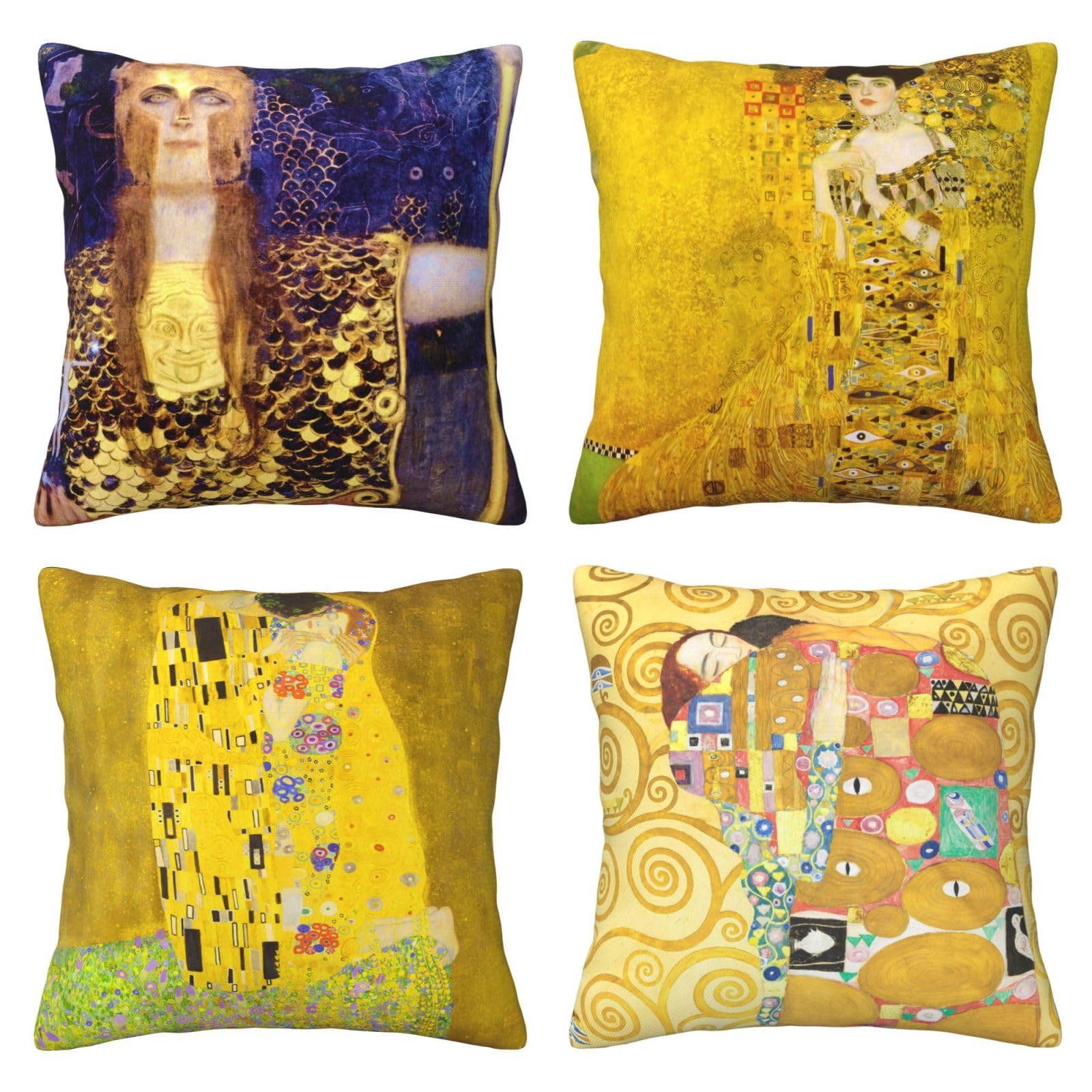 LOHDALOLF Yellow and Blue Cushion Covers Set of 4 The Kiss by Gustav Klimt Cushion Cases Square Decorative Pillow Covers for Sofa Couch Bed 45x45 cm