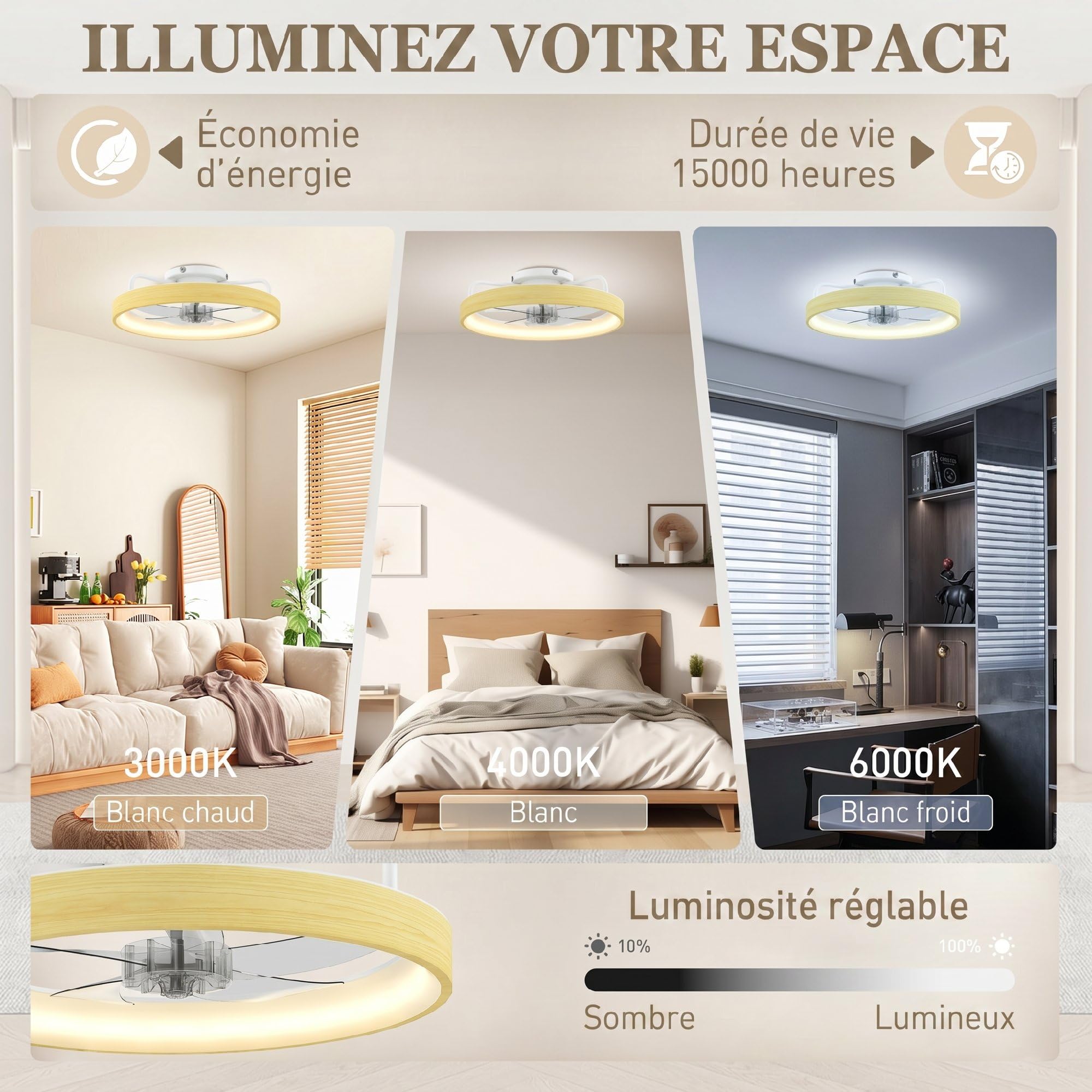 HOMCOM Ventilateur de plafond avec lumière LED plafonnier ventilateur Ø49 cm 7 pales moteur DC silencieux 6 vitesses 3 températures de couleur luminosité réglable télécommande minuterie mode été-hiver