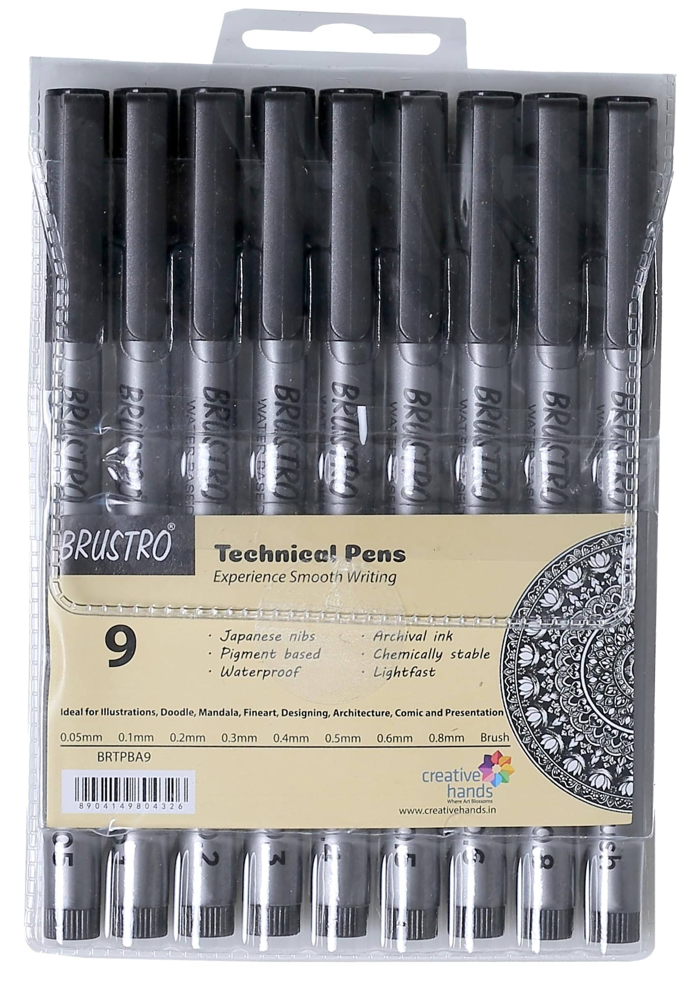 Technical Fineliner & Brush Pen Set of 9 |Black| Tip Sizes - 0.05,0.1,0.2,0.3,0.4,0.5,0.6,0.8 mm| Waterproof, Ideal For Mandala, Drawing,Artist Illustration,Sketching