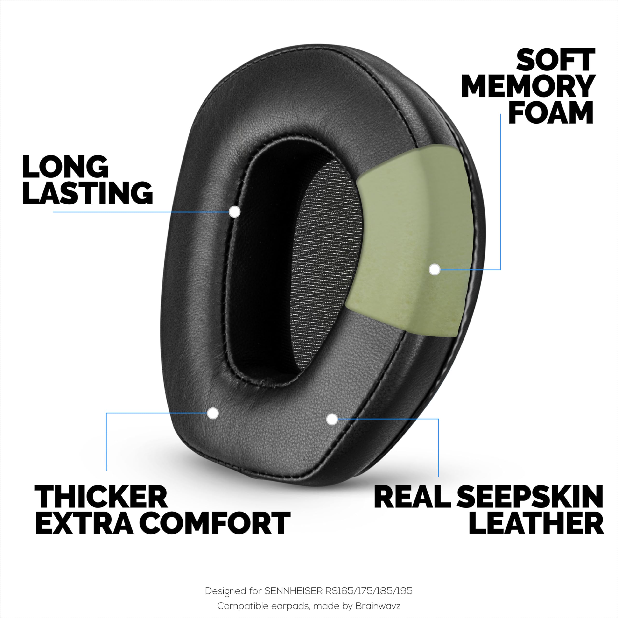 Almohadillas de repuesto de piel de oveja para auriculares SENNHEISER RS165, RS175, RS185 y RS195, piel auténtica suave y almohadilla de espuma viscoelástica, HDR165, HDR175, HDR185, HDR195, por