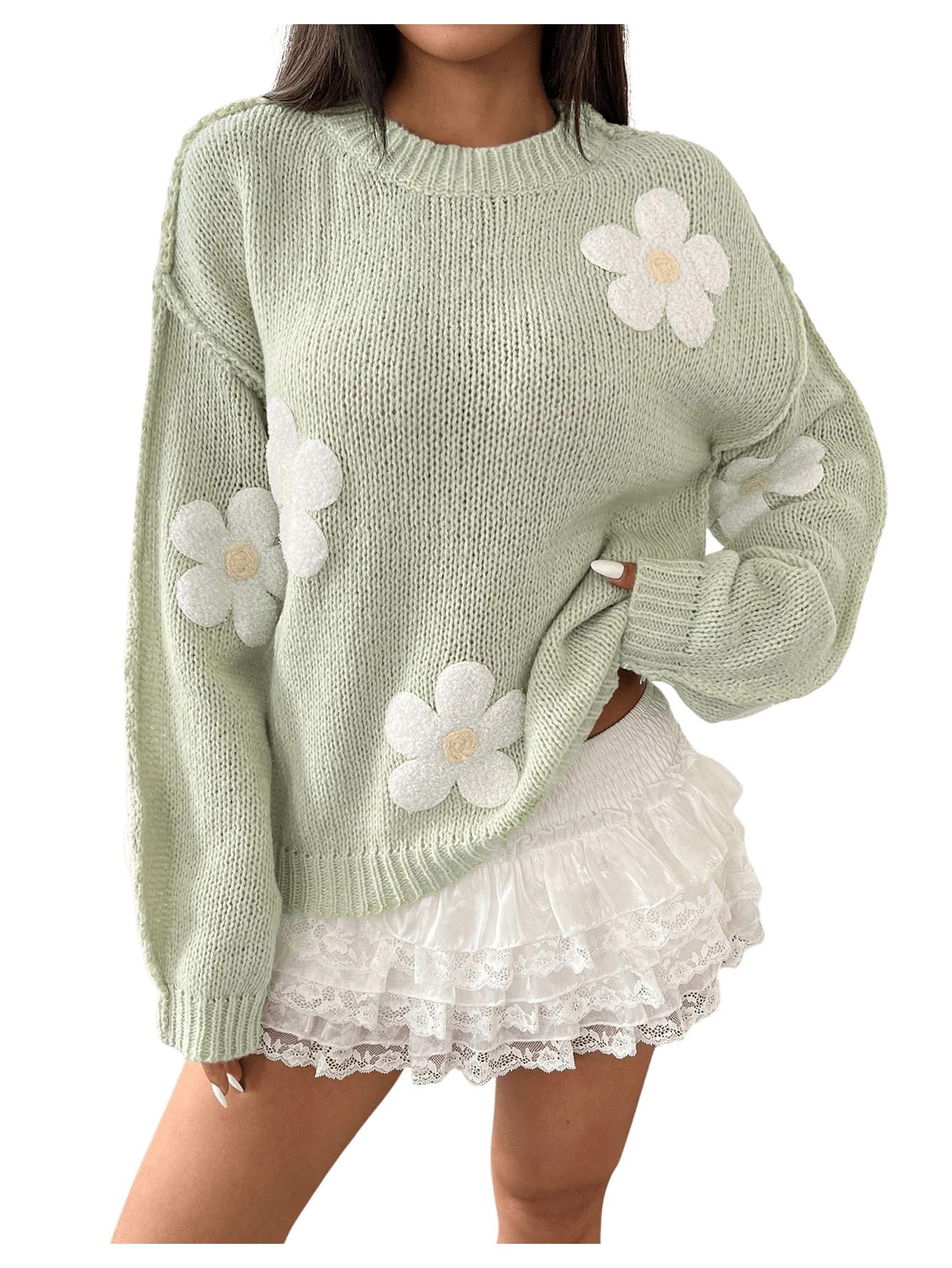SHENHE Womens Flower Sweater Crewneck Long Sleeve Drop Shoulder Knit Sweaters Pullover Tops